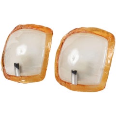 Pair of Midcentury Orange and Crystal Murano Glass Italian Sconces, 1980s