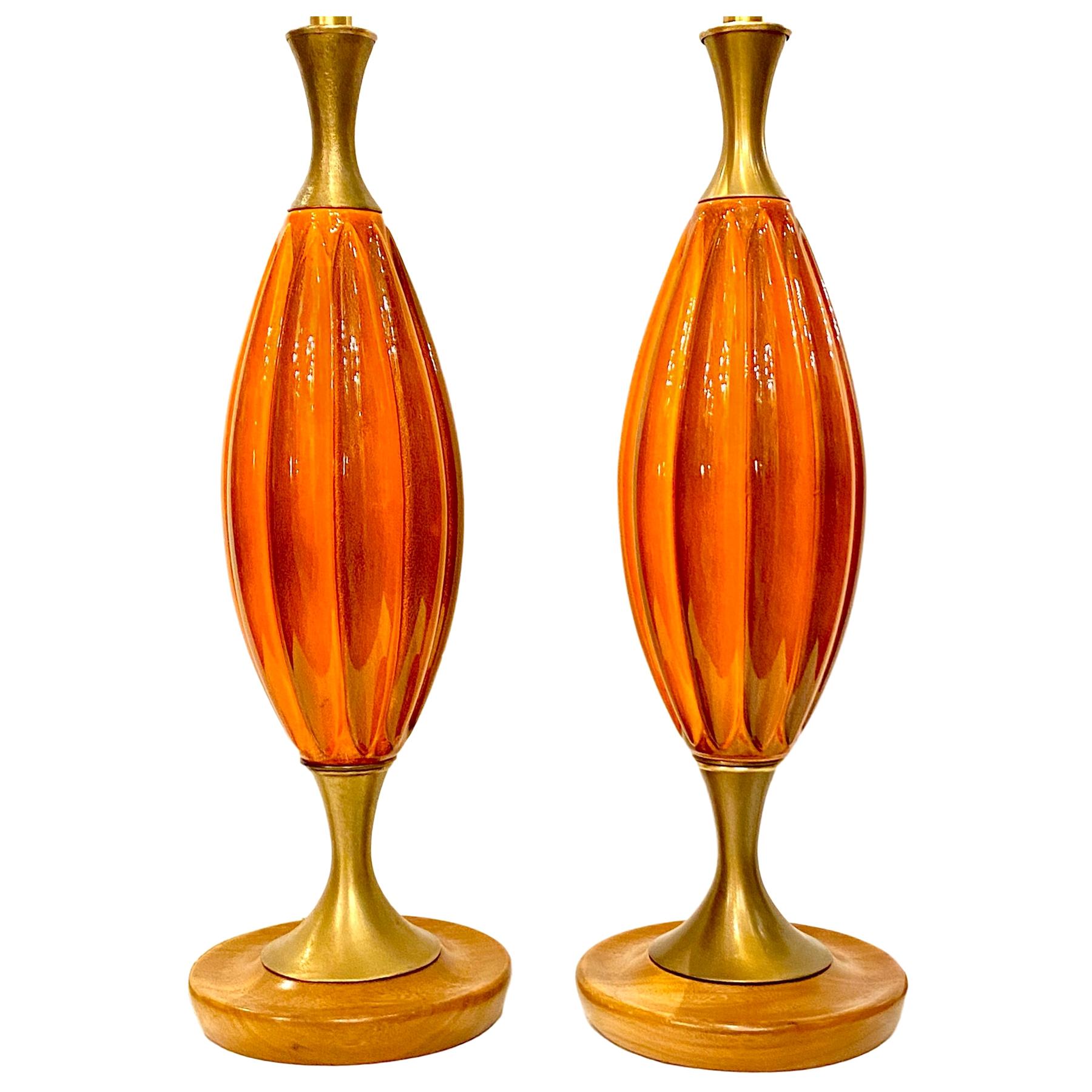 Pair of Midcentury Orange Lamps For Sale