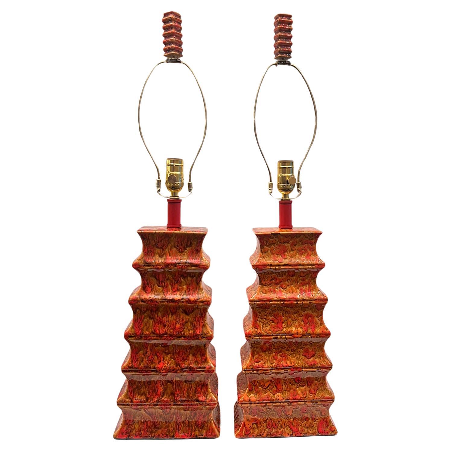 Pair of Midcentury Orange Lamps For Sale