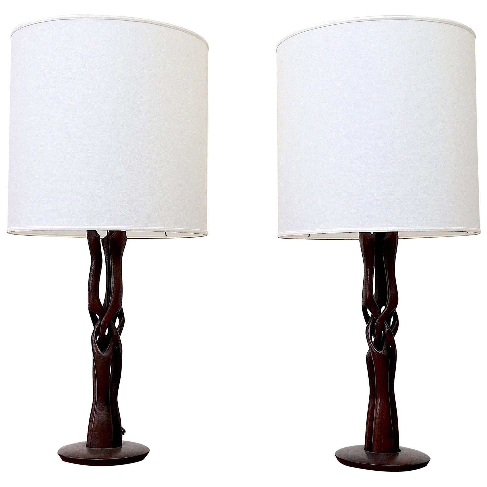 Pair of Midcentury Organic Carved Teak Table Lamp with New Shades