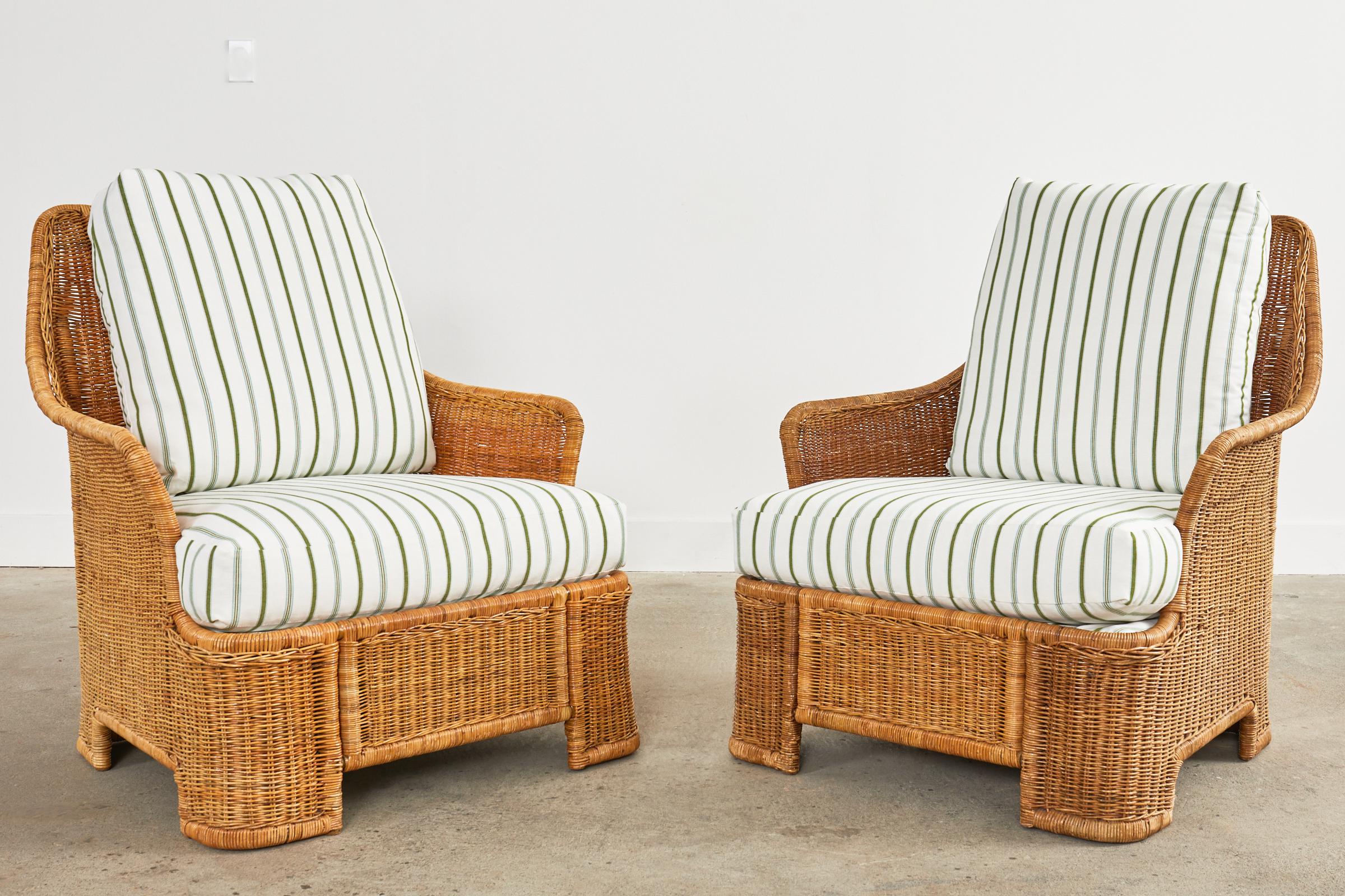 Hand-Crafted Pair of Midcentury Organic Modern Wicker Lounge Chairs