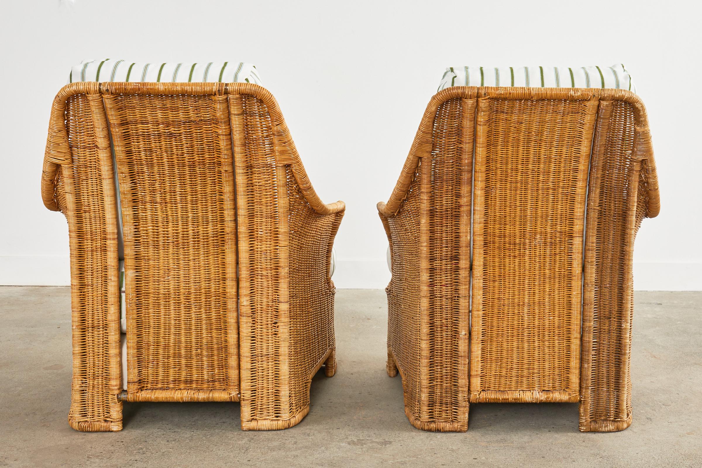 Metal Pair of Midcentury Organic Modern Wicker Lounge Chairs
