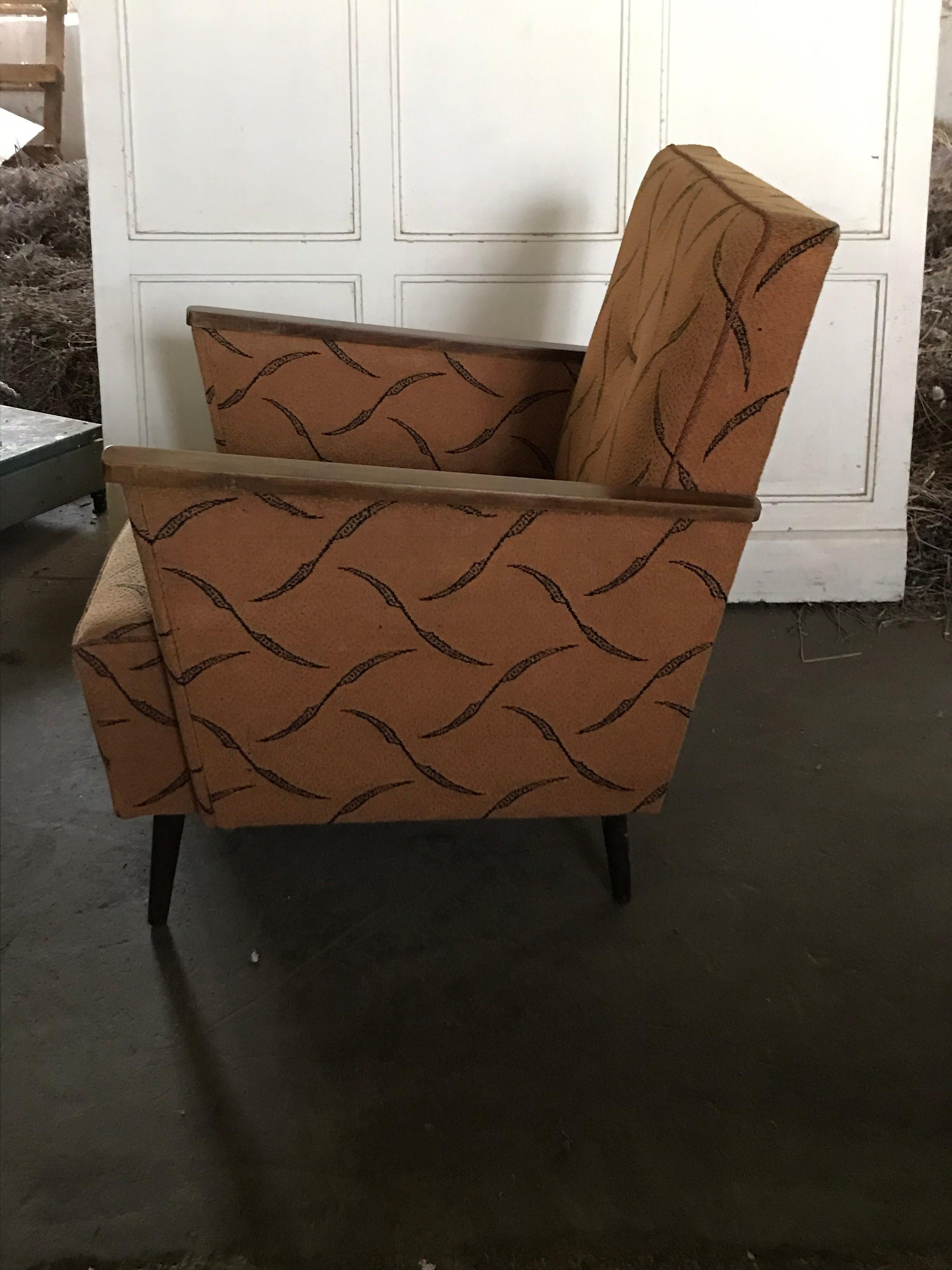 Mid-Century Modern Pair of Midcentury Original Fabric and Walnut Wood Hungarian Armchairs, 1950 For Sale