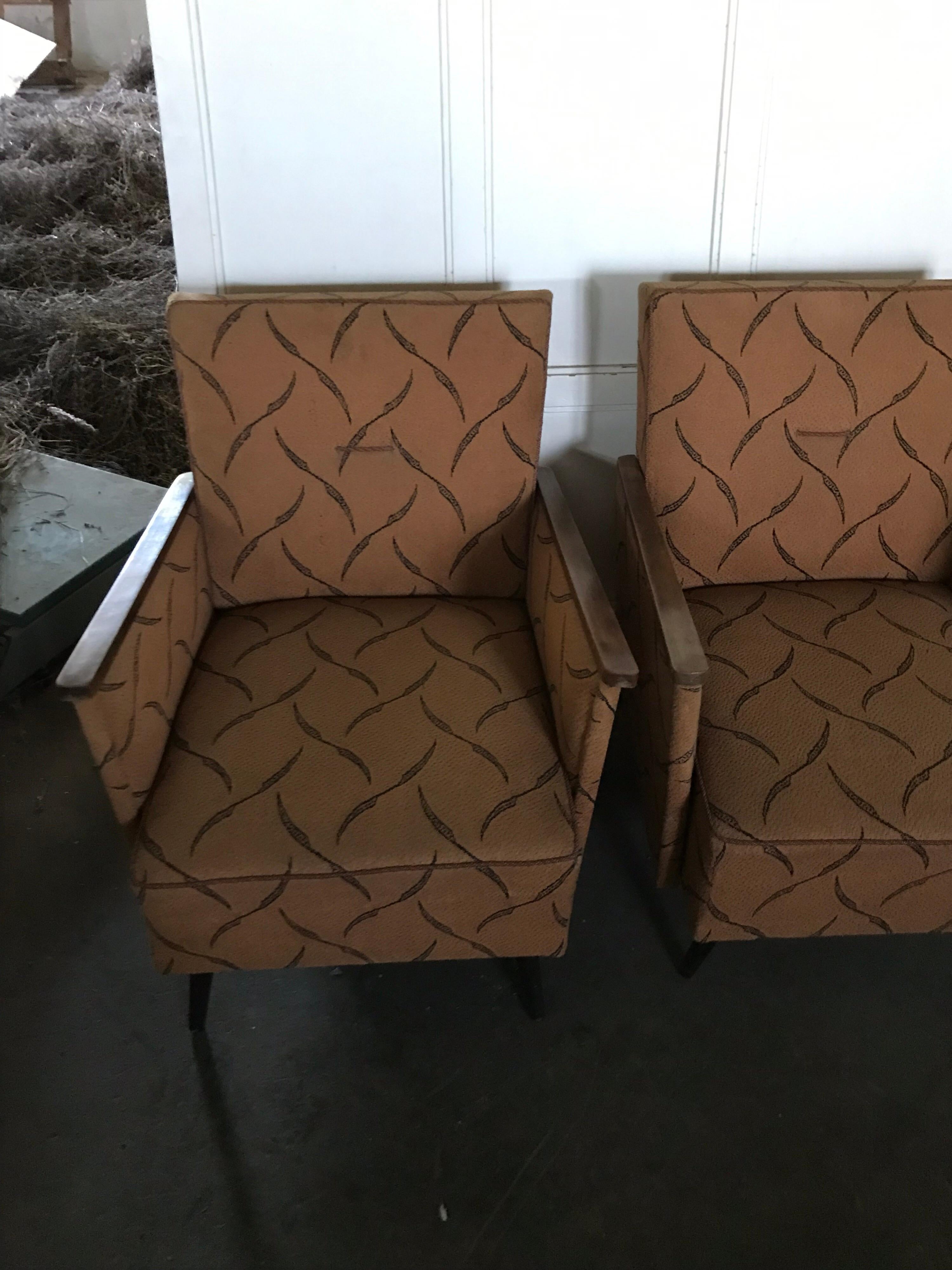 Mid-20th Century Pair of Midcentury Original Fabric and Walnut Wood Hungarian Armchairs, 1950 For Sale