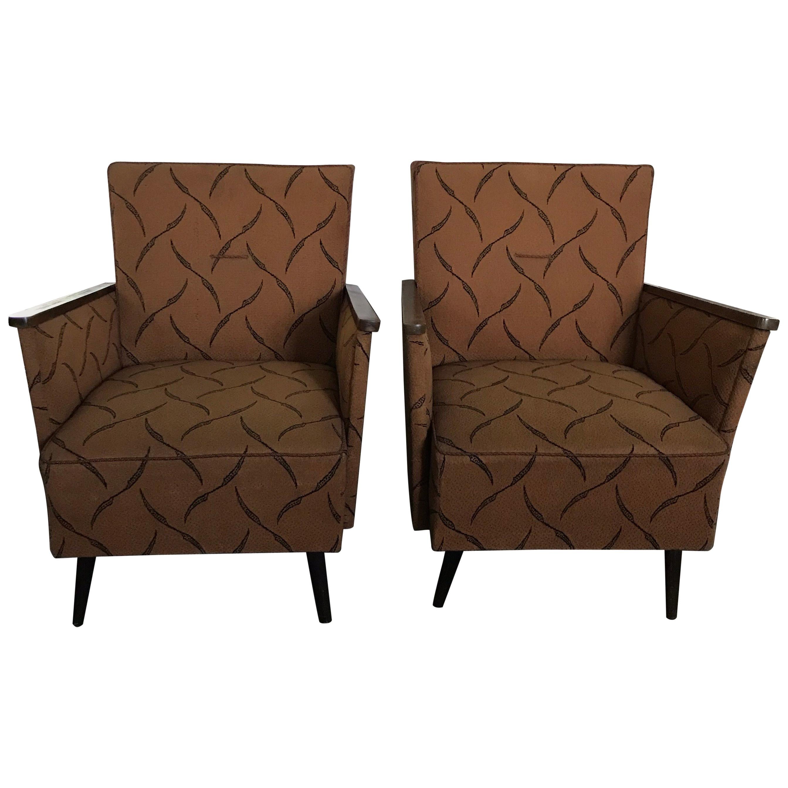 Pair of Midcentury Original Fabric and Walnut Wood Hungarian Armchairs, 1950 For Sale