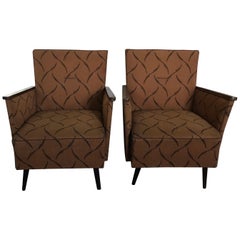 Pair of Midcentury Original Fabric and Walnut Wood Hungarian Armchairs, 1950