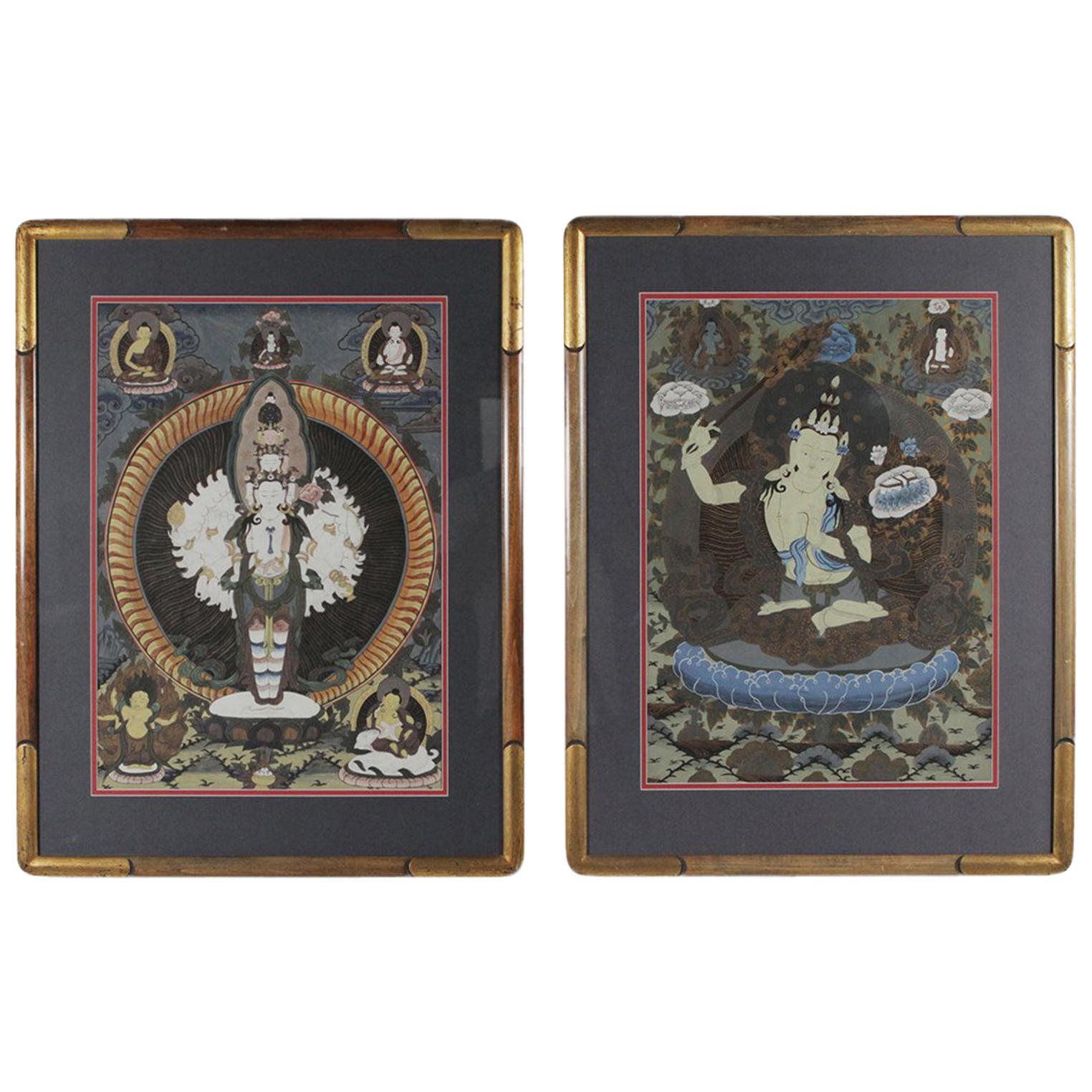 Pair of Midcentury Original Hand-Painted Tibetan Watercolors, circa 1950s