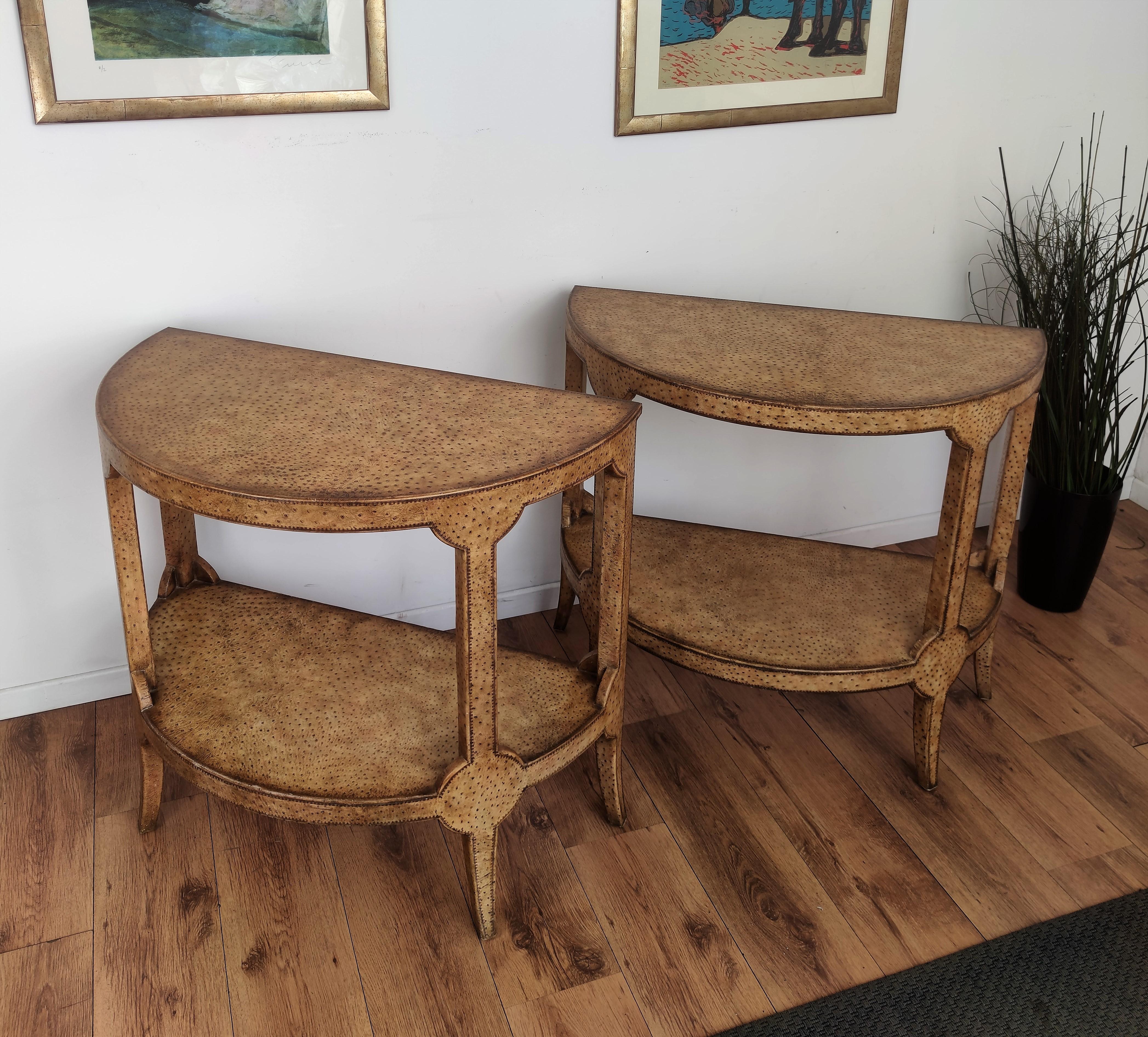 Unknown Pair of Midcentury Ostrich Demilune Console Tables For Sale