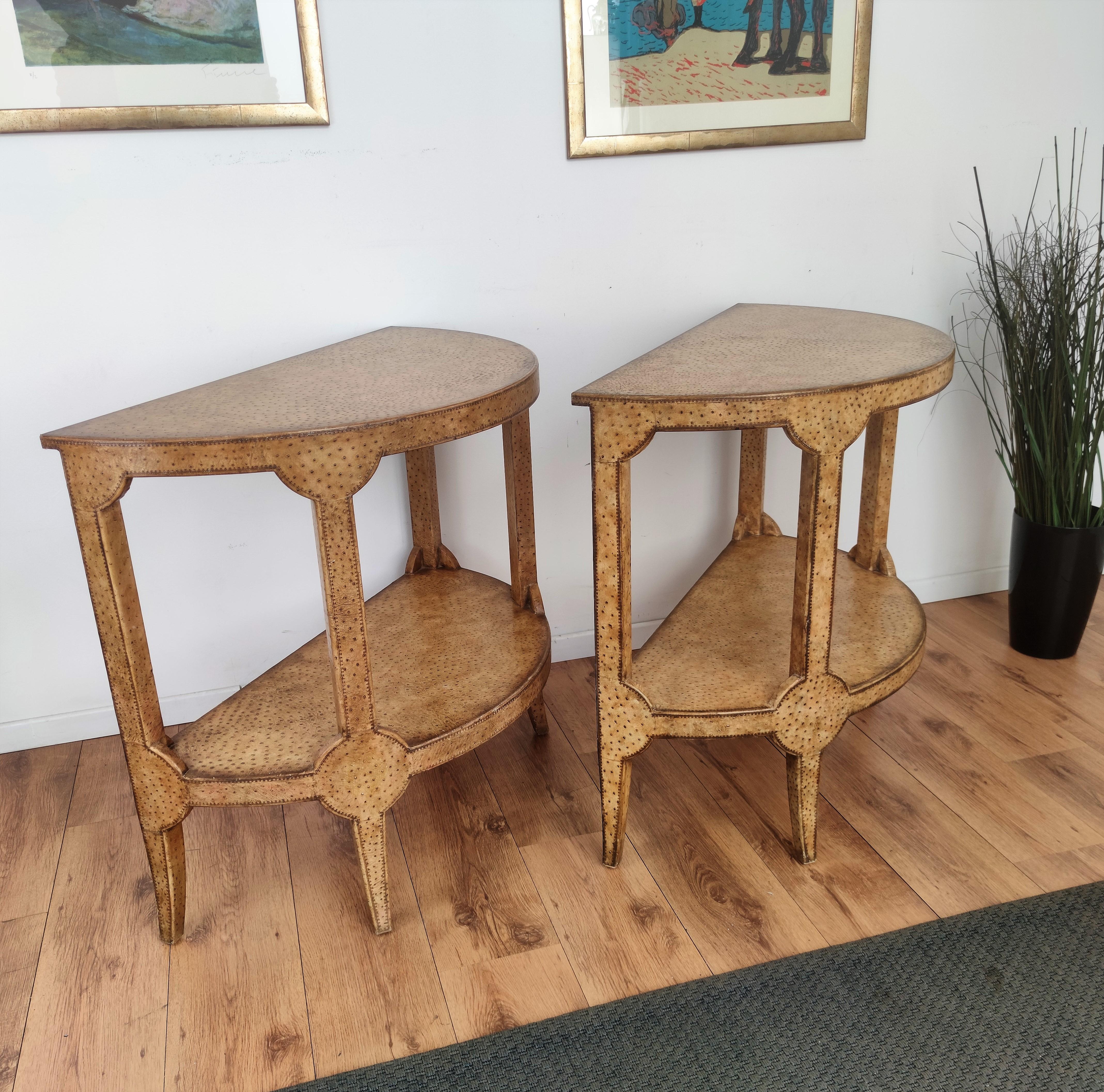 Pair of Midcentury Ostrich Demilune Console Tables In Good Condition For Sale In Carimate, Como