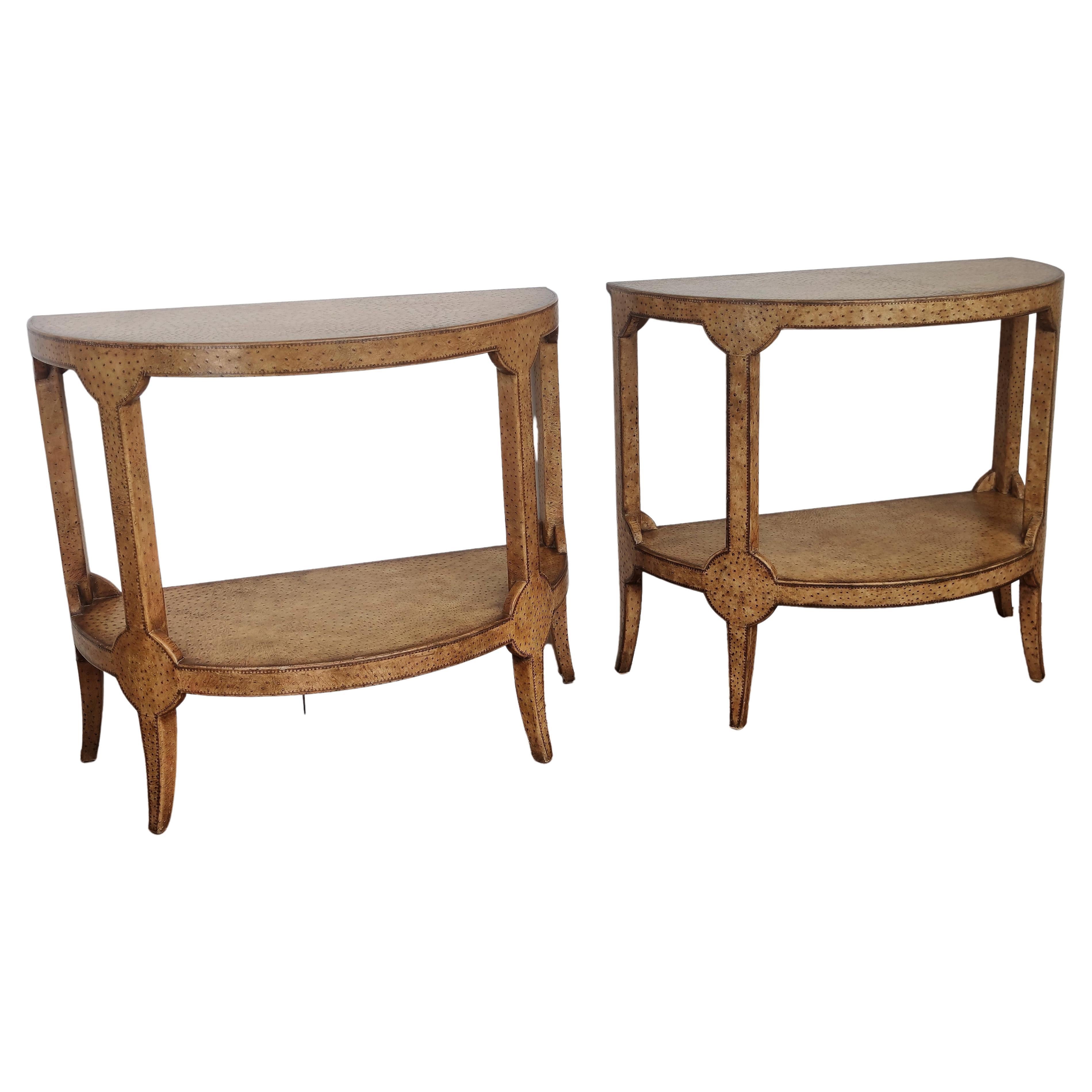 Pair of Midcentury Ostrich Demilune Console Tables For Sale