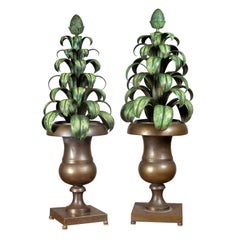 Vintage Pair of Midcentury Painted Tole Plants in Brass Posts with Pinecone Finials
