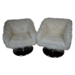 Pair of Midcentury Pair of Swivel Chairs in Mongolian Faux Fur