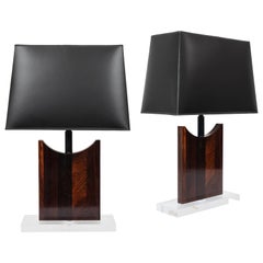 Pair of Midcentury Palisander Wood and Lucite Table Lamps