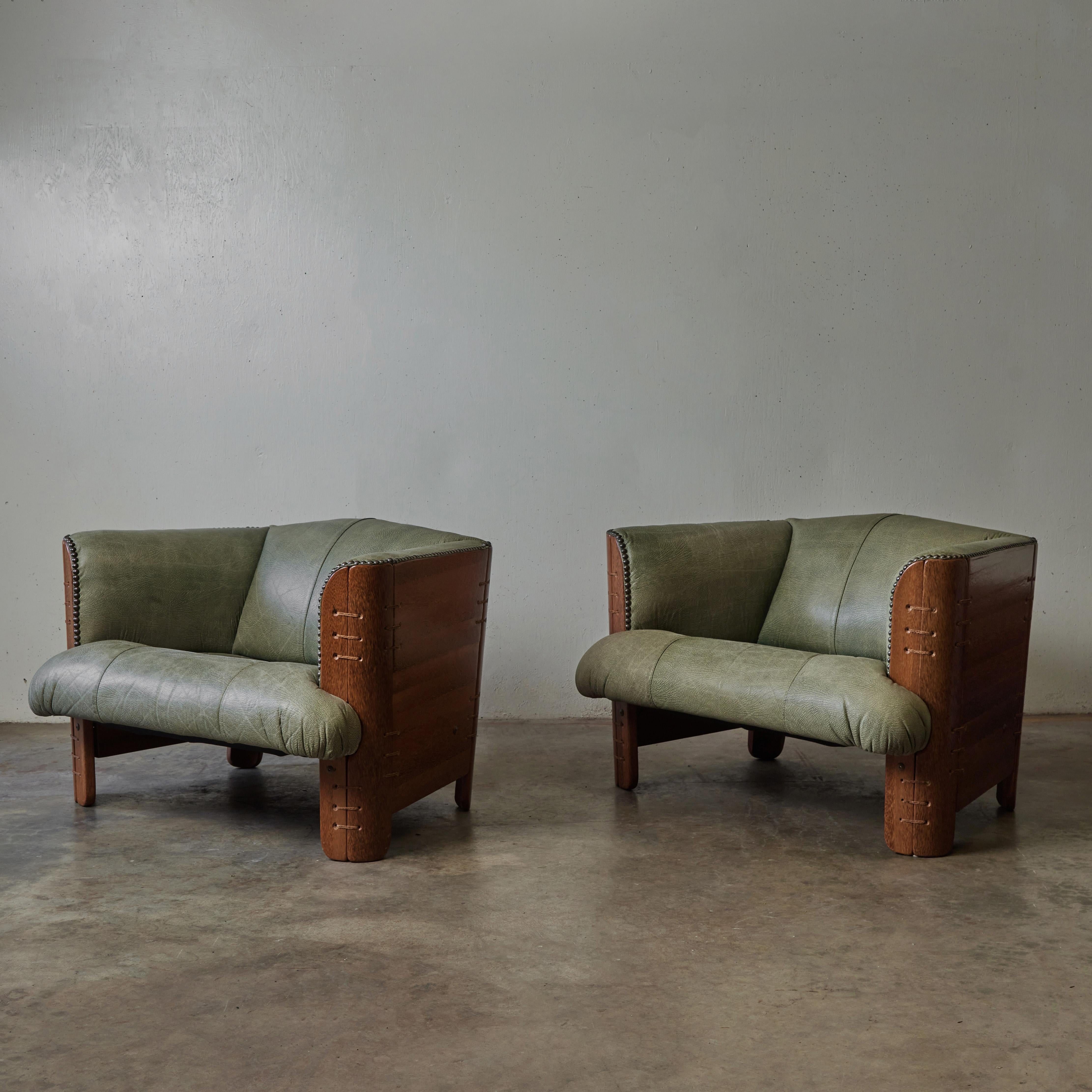 American Pair of Mid-Century Palmwood Chairs with Original Green Leather Upholstery