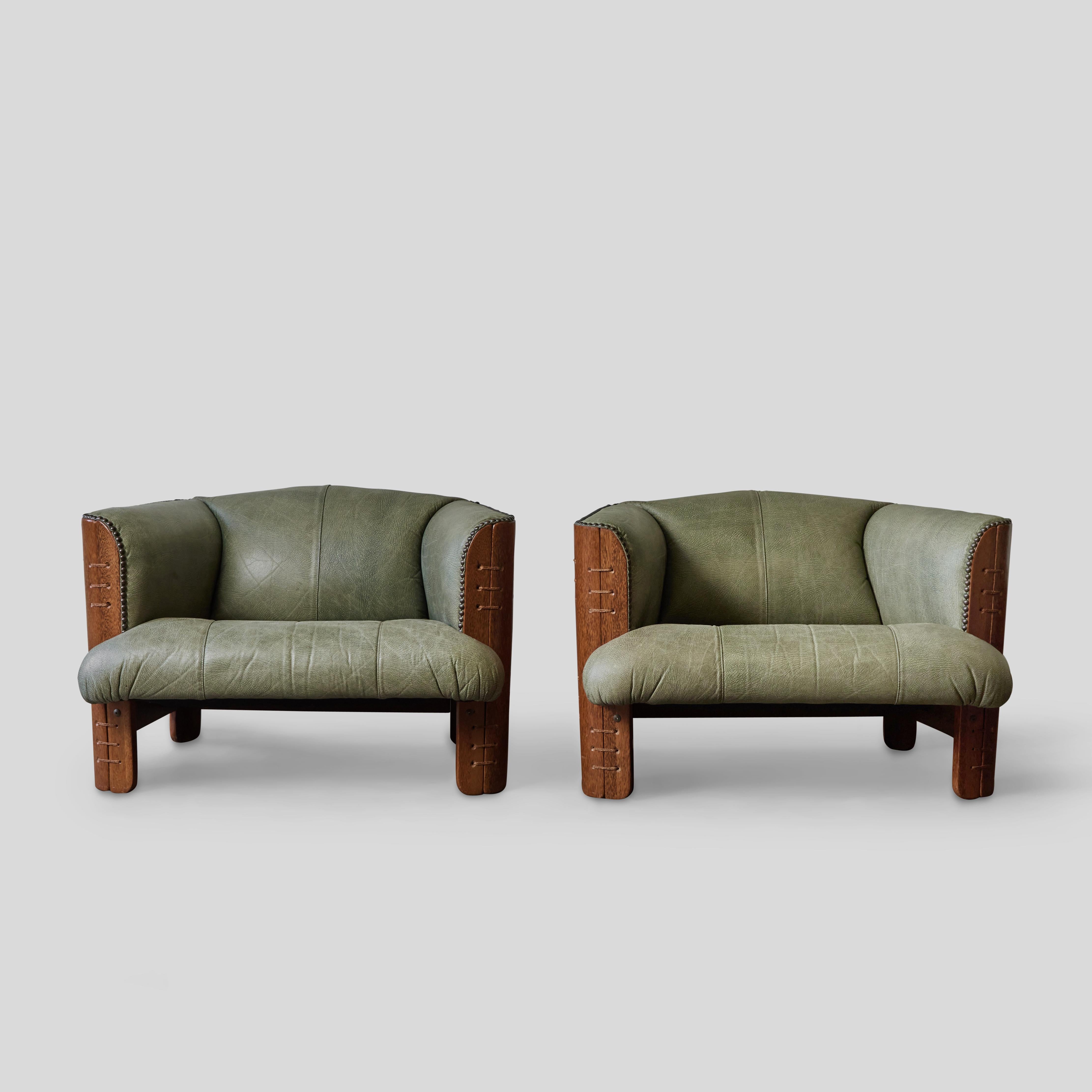 Pair of Mid-Century Palmwood Chairs with Original Green Leather Upholstery 2