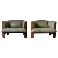 Pair of Mid-Century Palmwood Chairs with Original Green Leather Upholstery