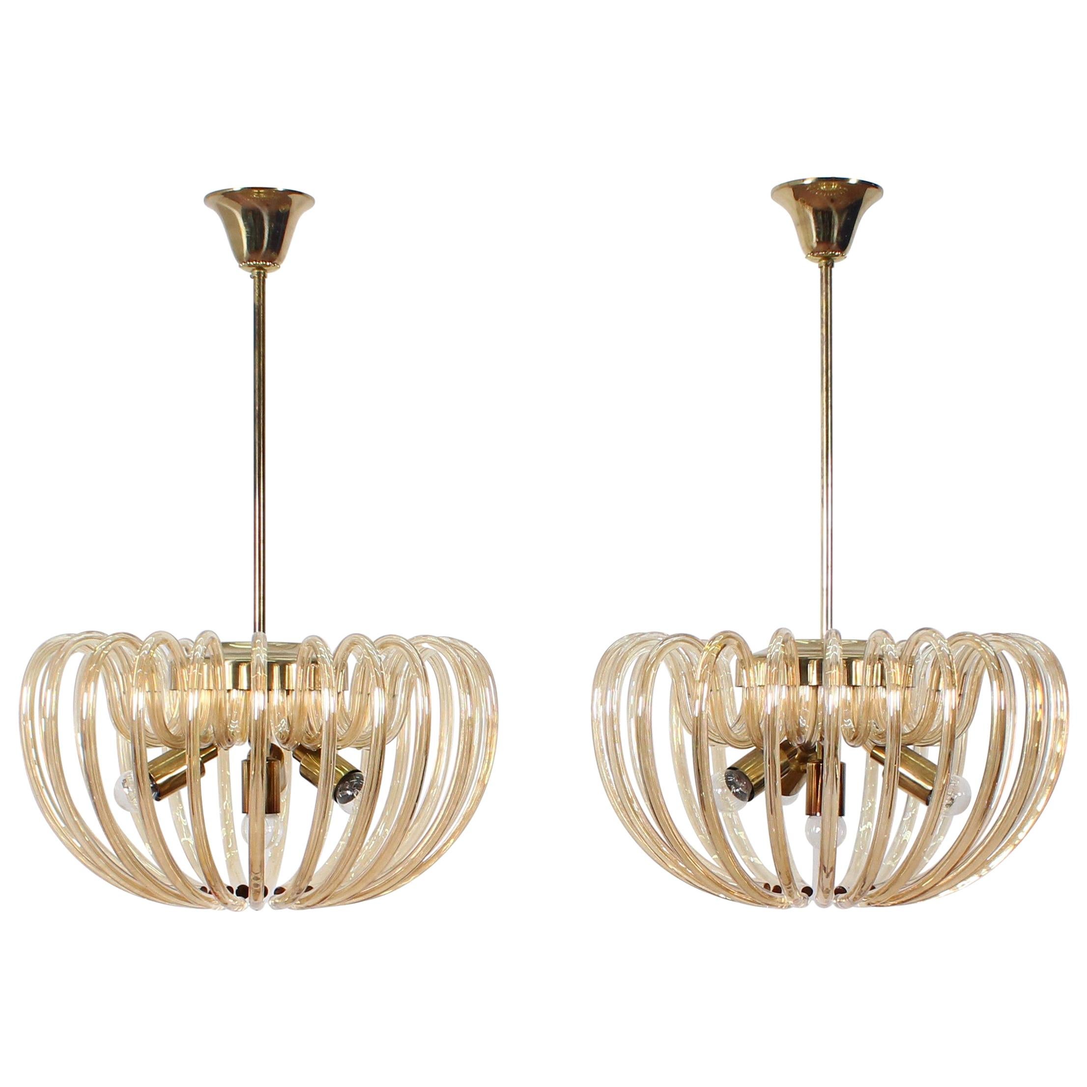 Mid-Century Brass and Crystal Venini Murano Set of 2 Chandeliers 60s Italy