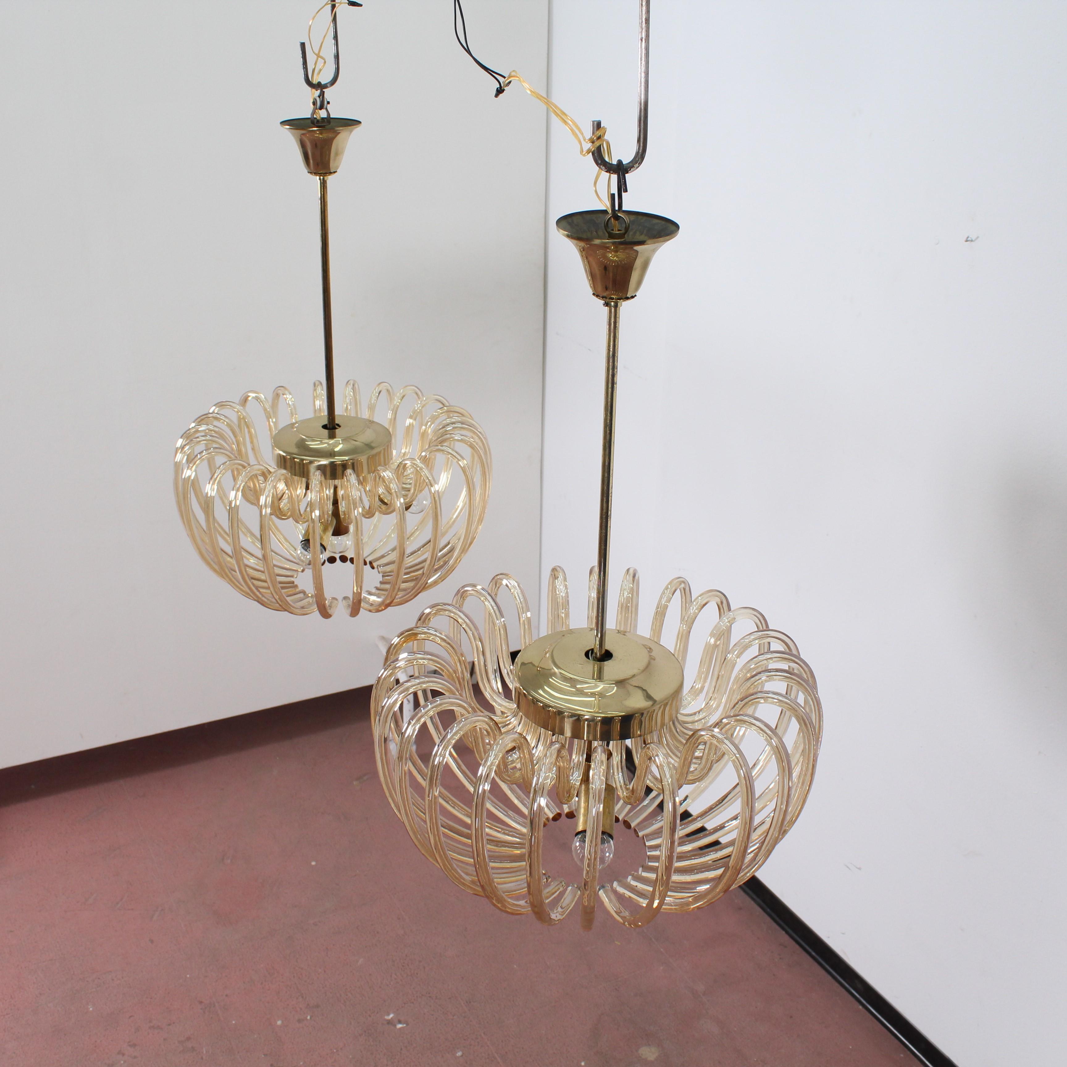 Mid-Century Brass and Crystal Venini Murano Set of 2 Chandeliers 60s Italy 4