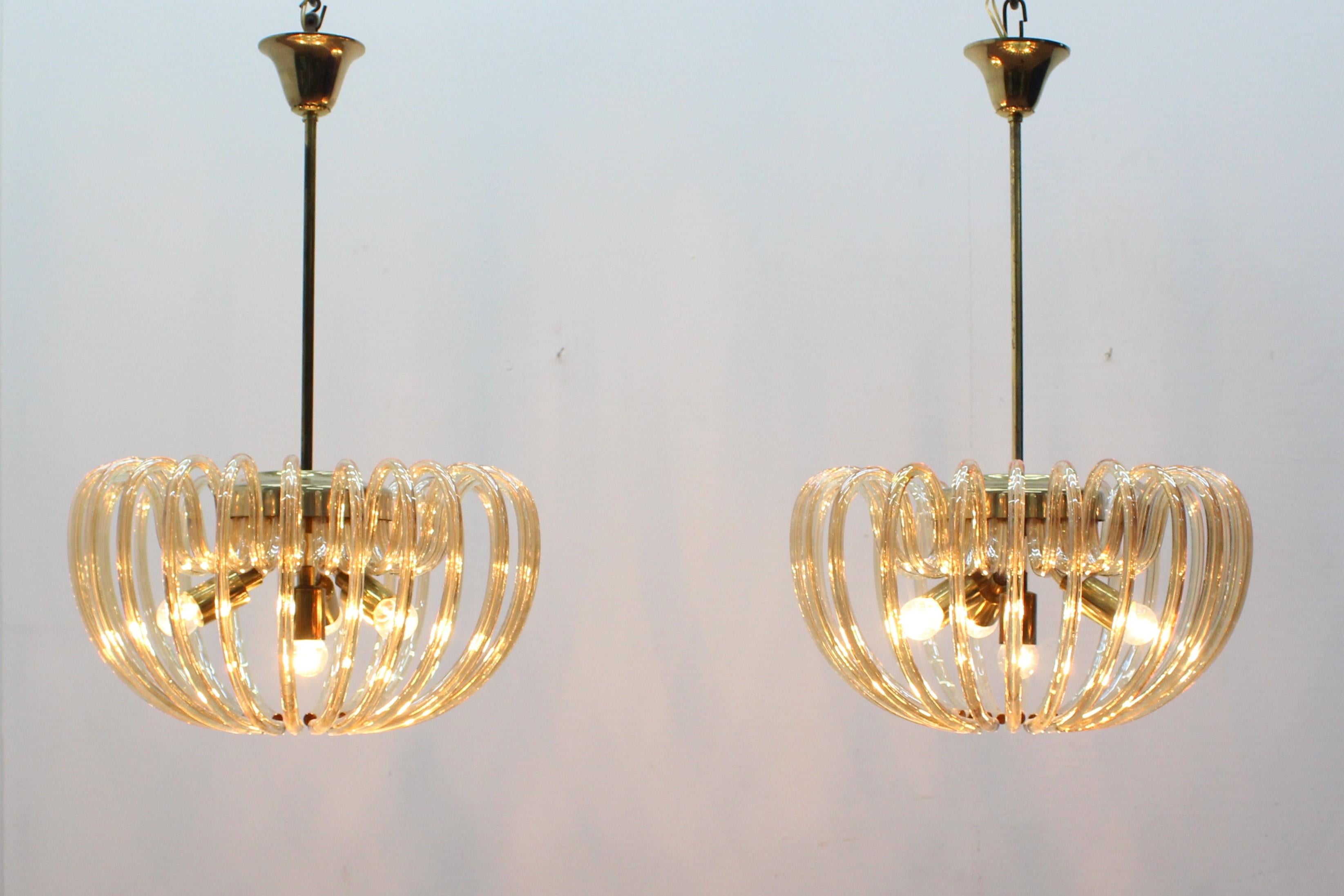 Mid-Century Brass and Crystal Venini Murano Set of 2 Chandeliers 60s Italy 5