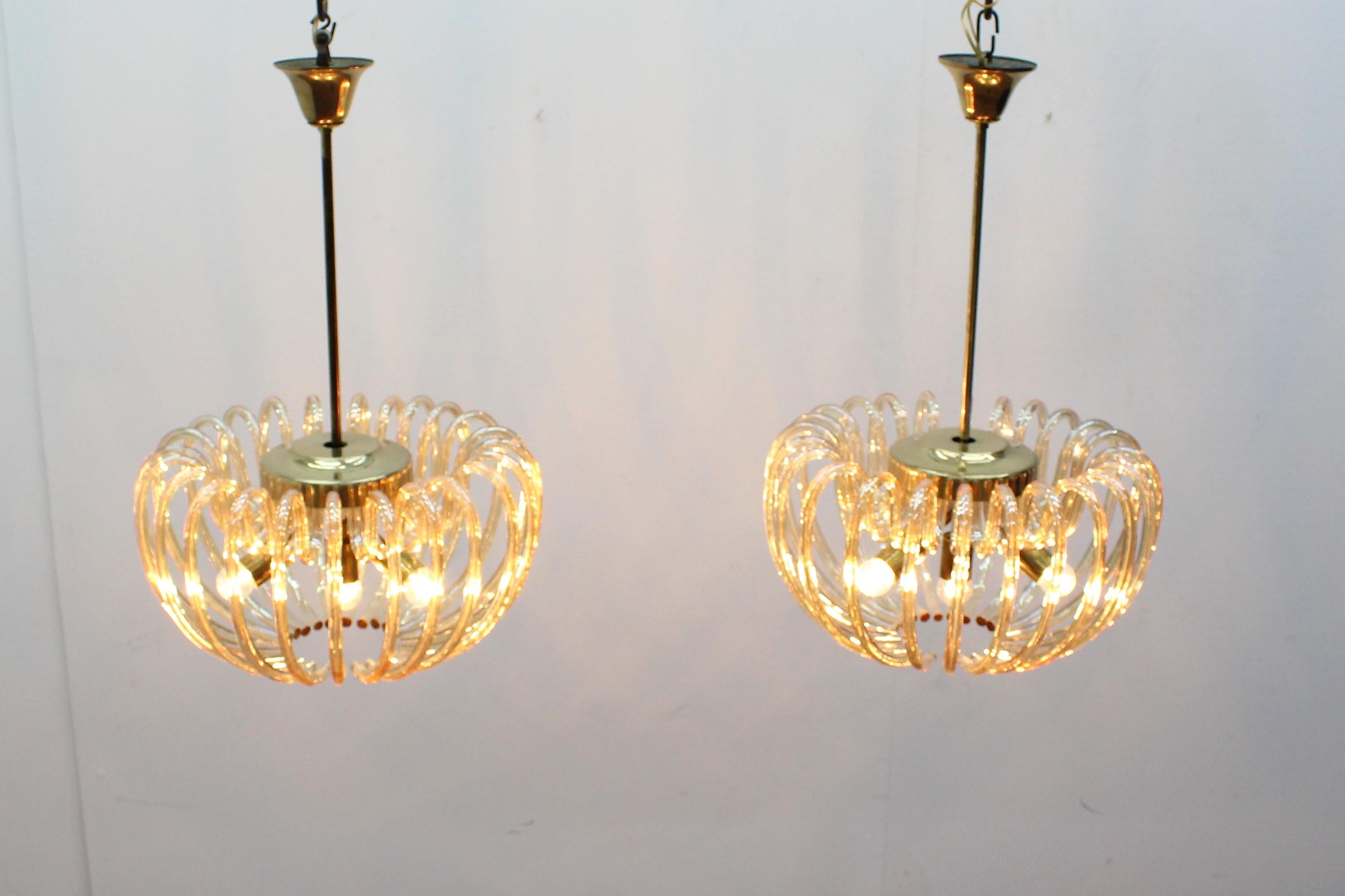 Mid-Century Brass and Crystal Venini Murano Set of 2 Chandeliers 60s Italy 6