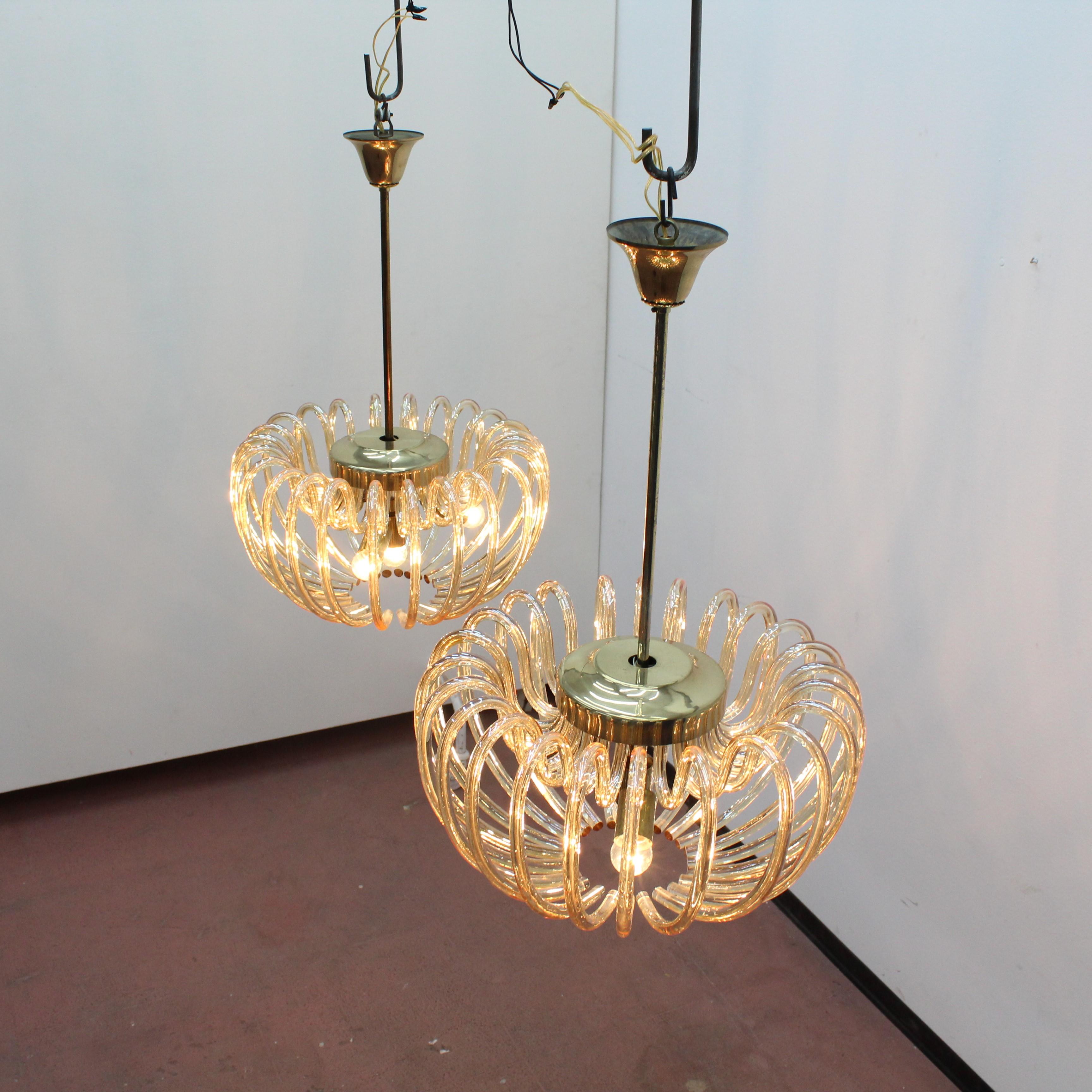 Mid-Century Brass and Crystal Venini Murano Set of 2 Chandeliers 60s Italy 7