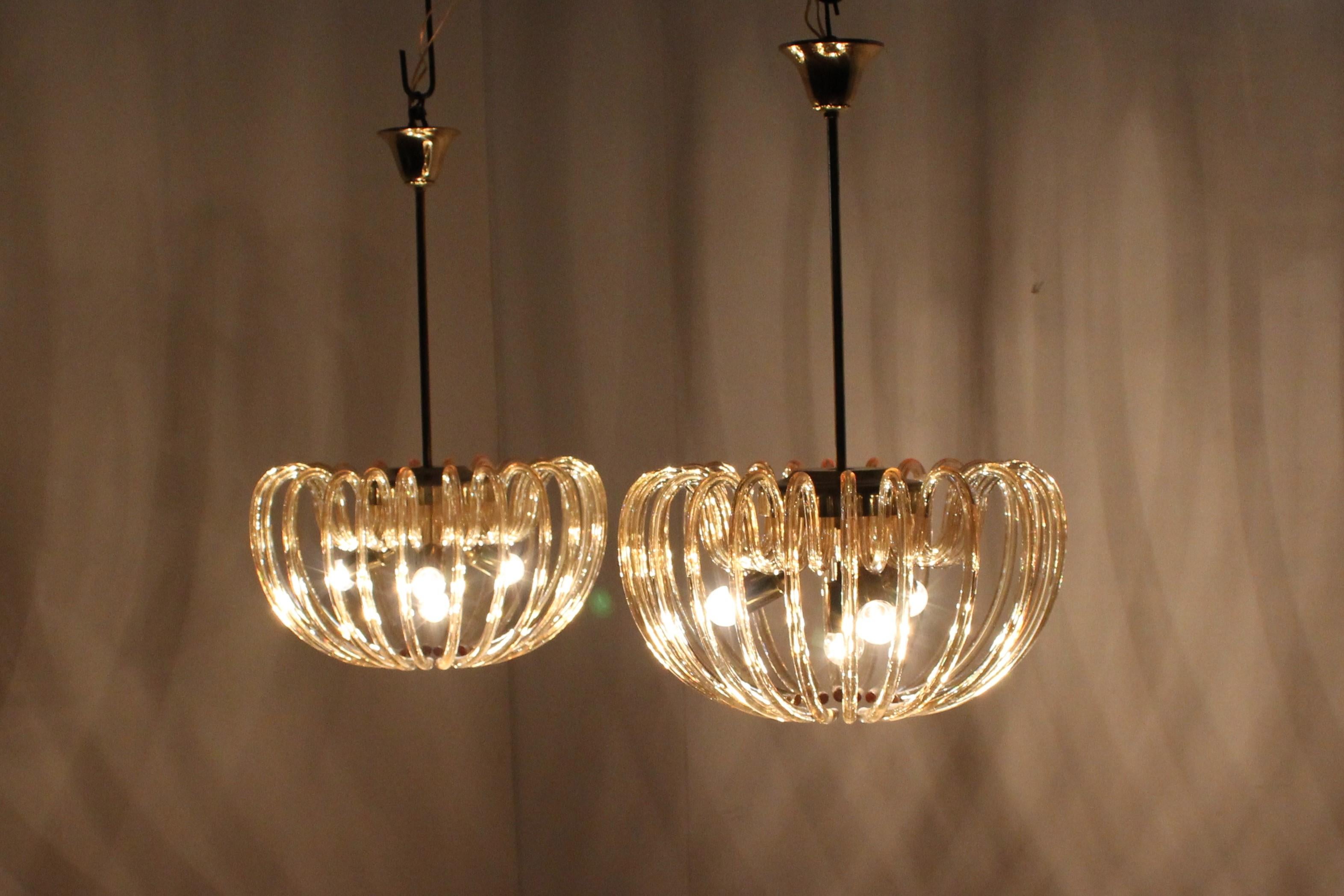 Mid-Century Brass and Crystal Venini Murano Set of 2 Chandeliers 60s Italy 8