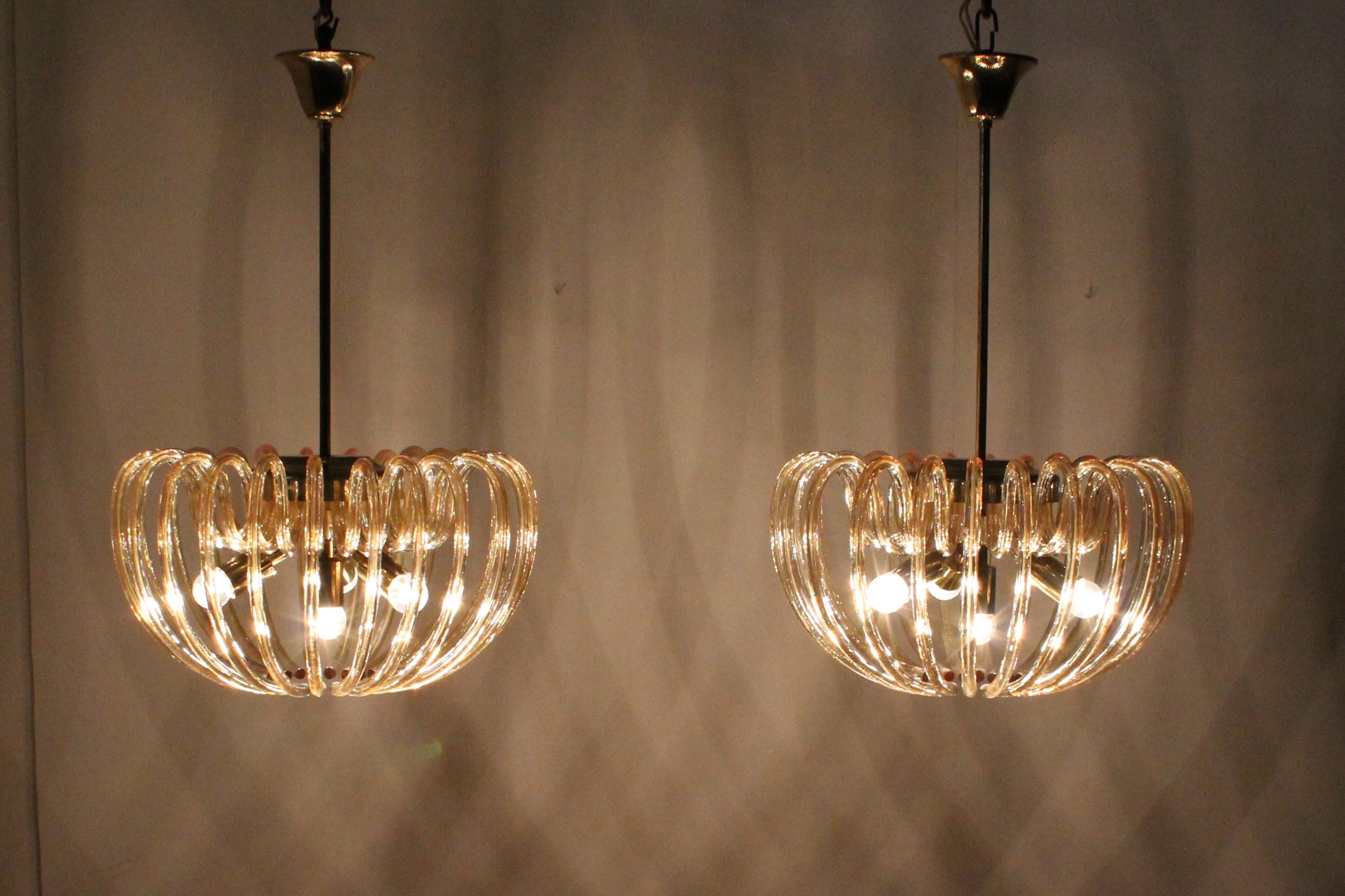 Mid-Century Brass and Crystal Venini Murano Set of 2 Chandeliers 60s Italy 9