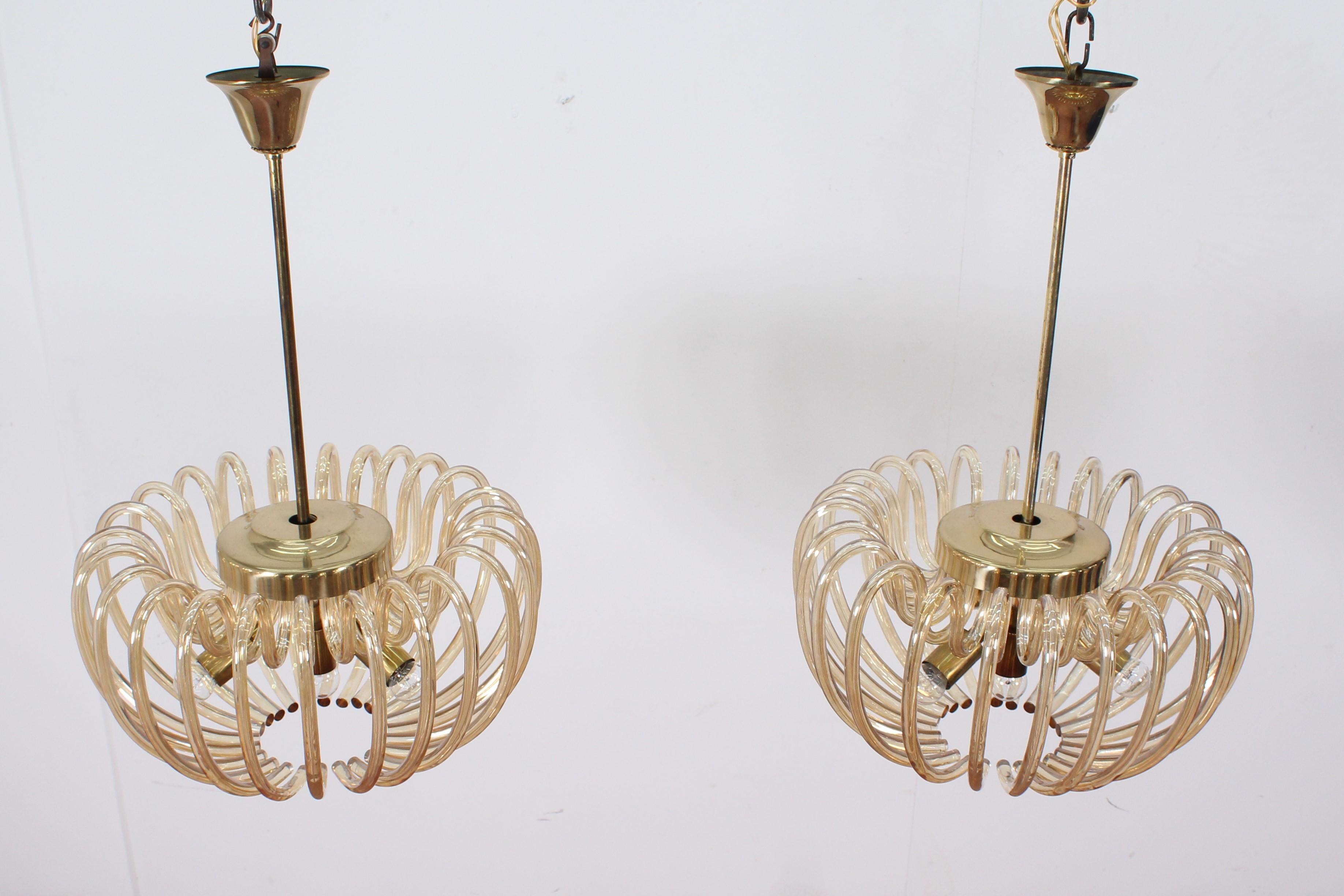 Mid-Century Modern Mid-Century Brass and Crystal Venini Murano Set of 2 Chandeliers 60s Italy
