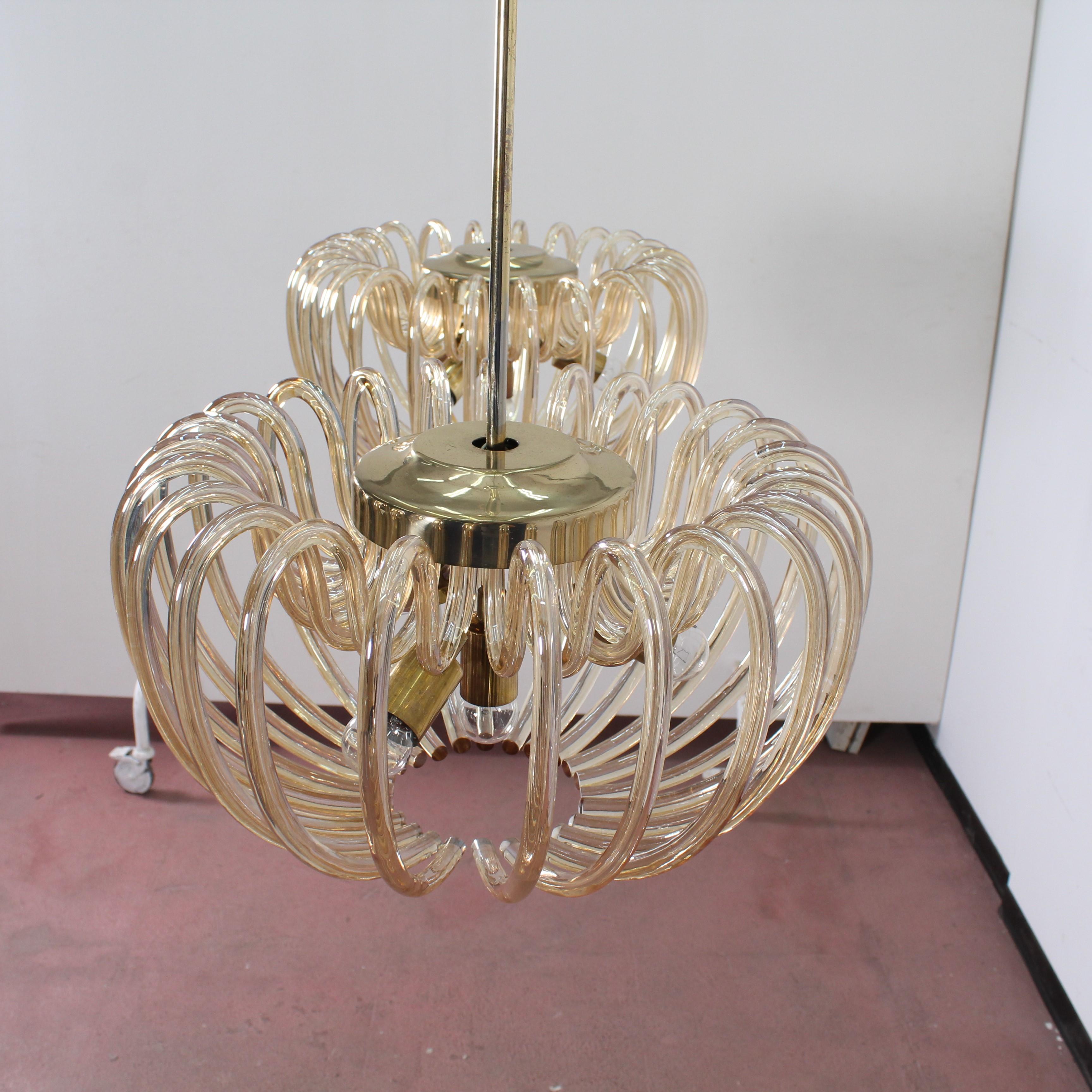 Mid-Century Brass and Crystal Venini Murano Set of 2 Chandeliers 60s Italy 3