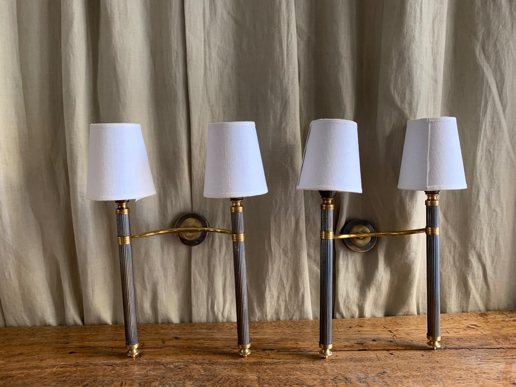 Pair of Midcentury Patinated Brass Doble Wall Sconces by Lunel 8