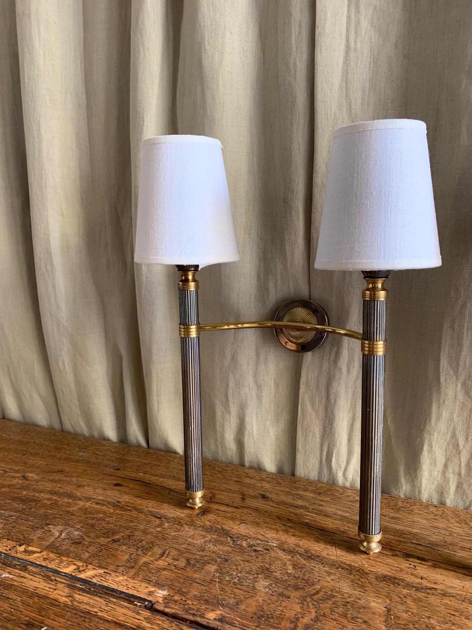 Pair of Midcentury Patinated Brass Doble Wall Sconces by Lunel 9