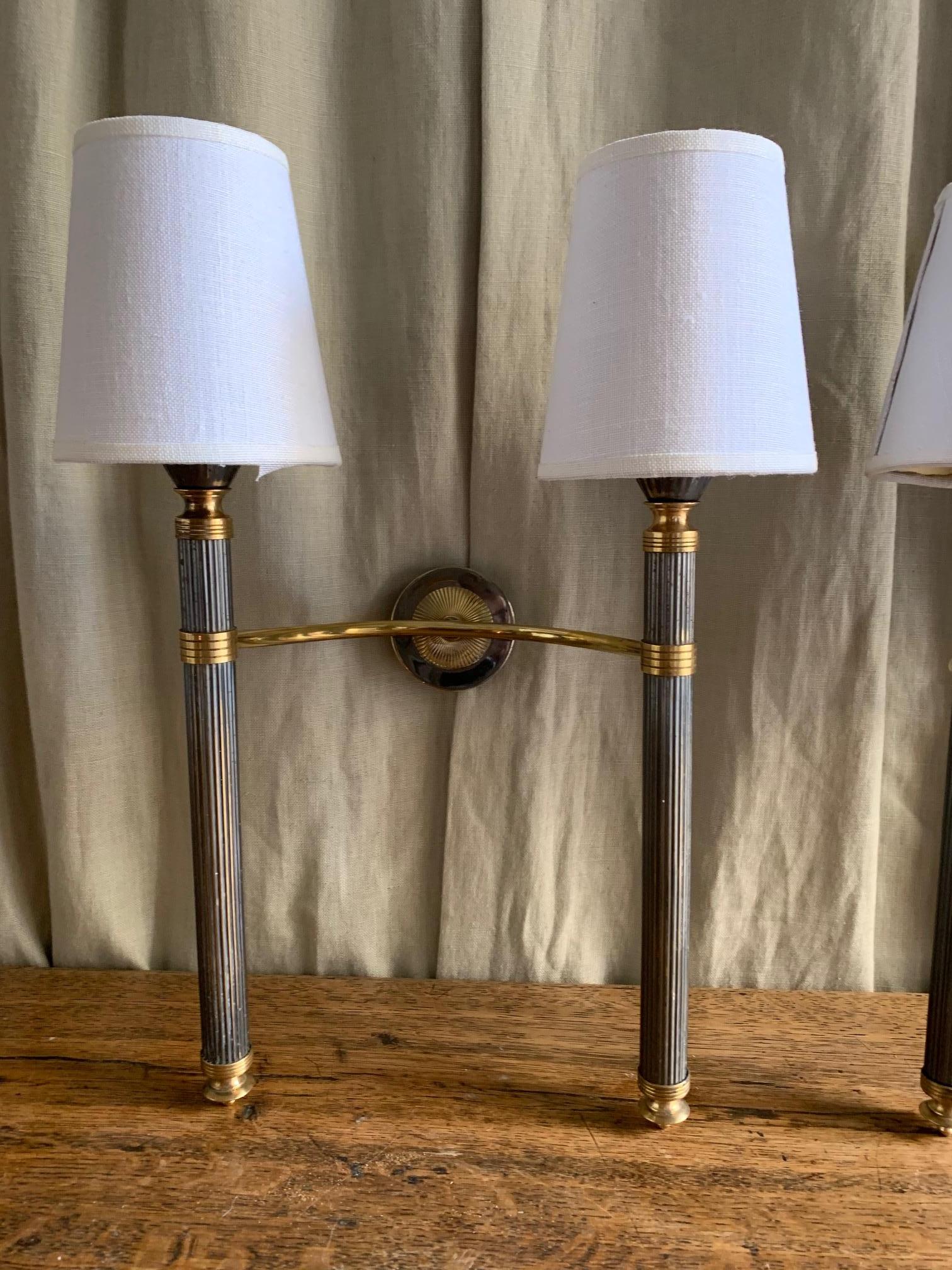 Pair of Midcentury Patinated Brass Doble Wall Sconces by Lunel 10