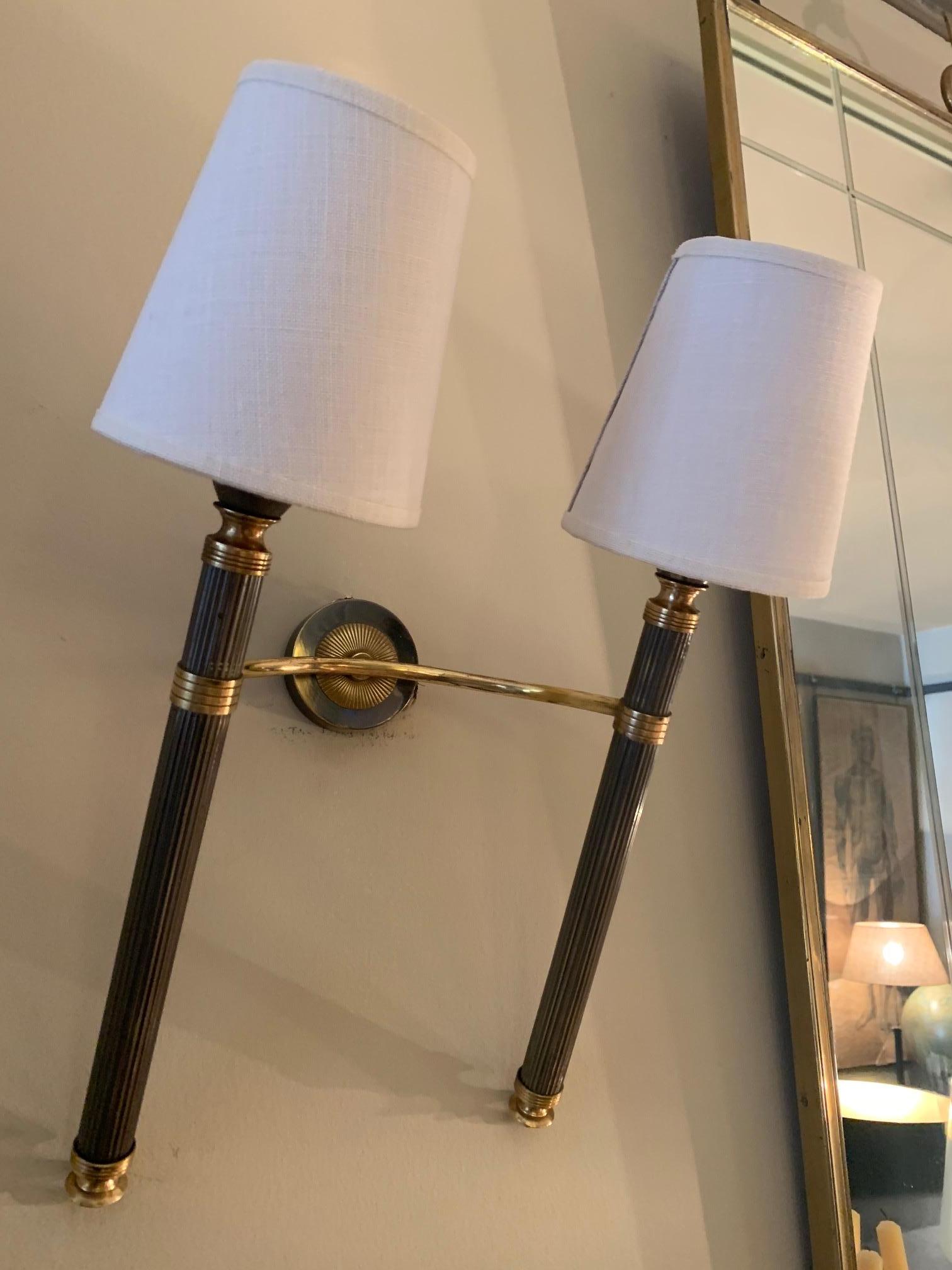 French Pair of Midcentury Patinated Brass Double Wall Sconces by Lunel