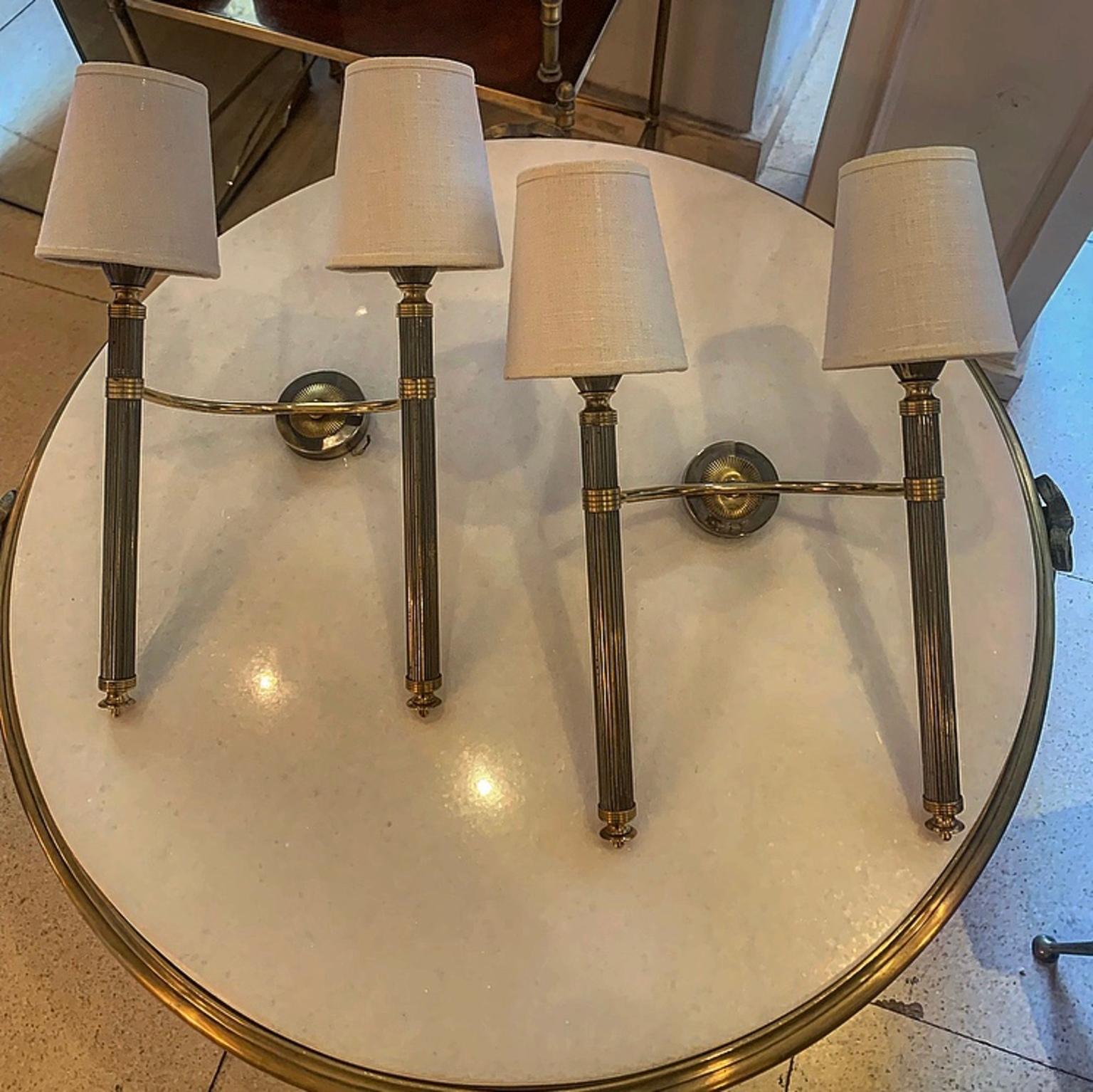 20th Century Pair of Midcentury Patinated Brass Double Wall Sconces by Lunel