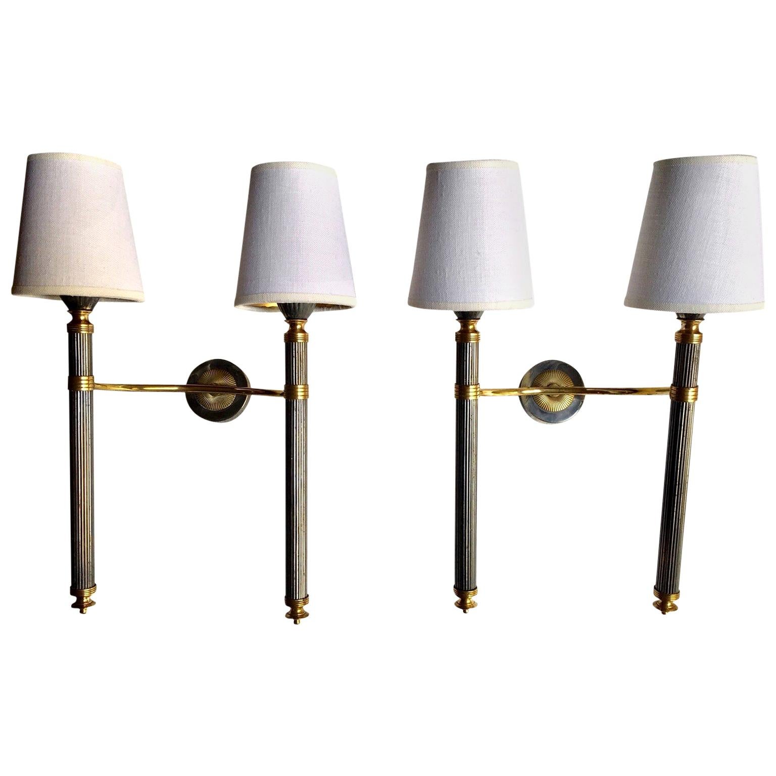 Pair of Midcentury Patinated Brass Double Wall Sconces by Lunel