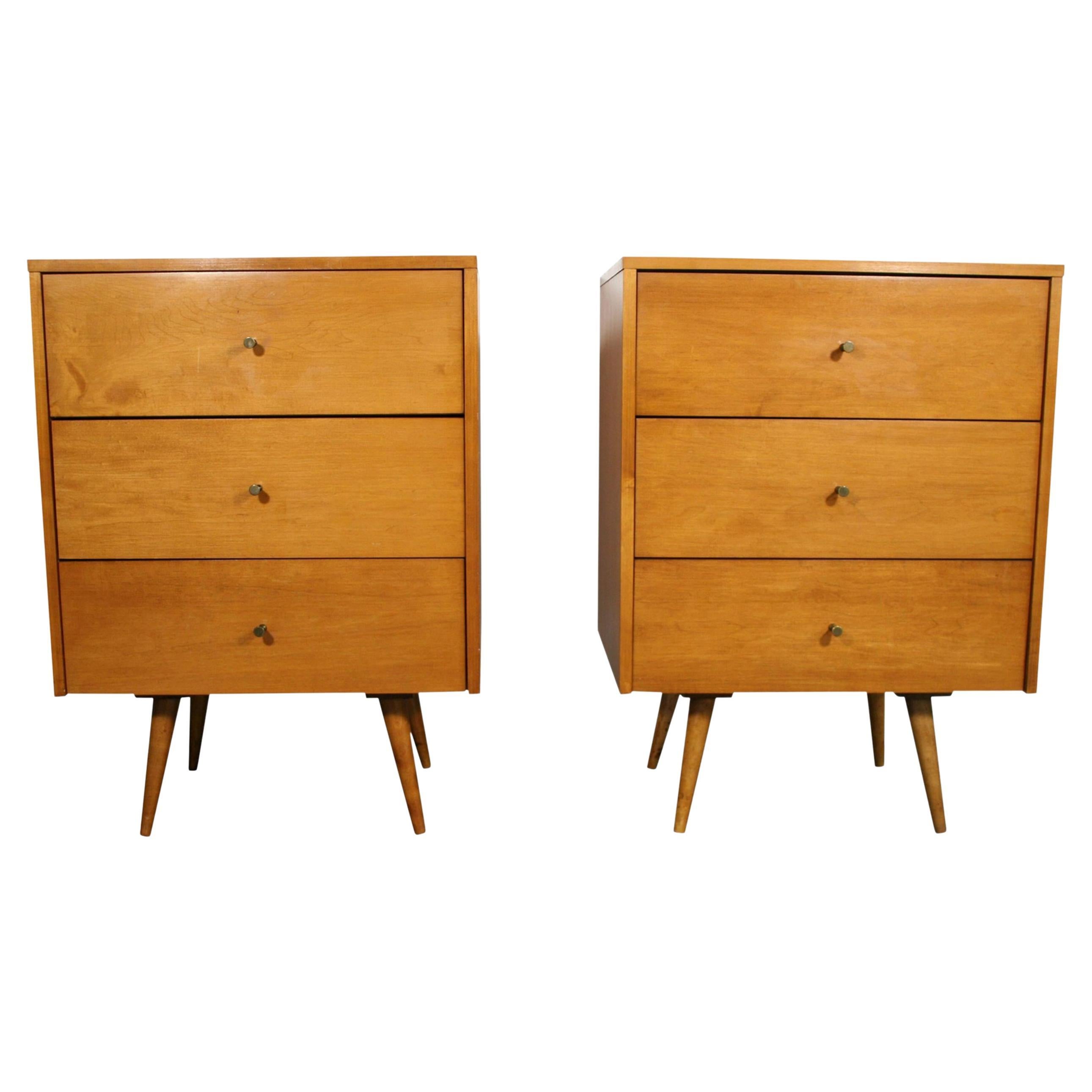 Woodwork Pair of Midcentury Paul McCobb 3 Drawer #1506 Nightstands Blonde Maple Brass