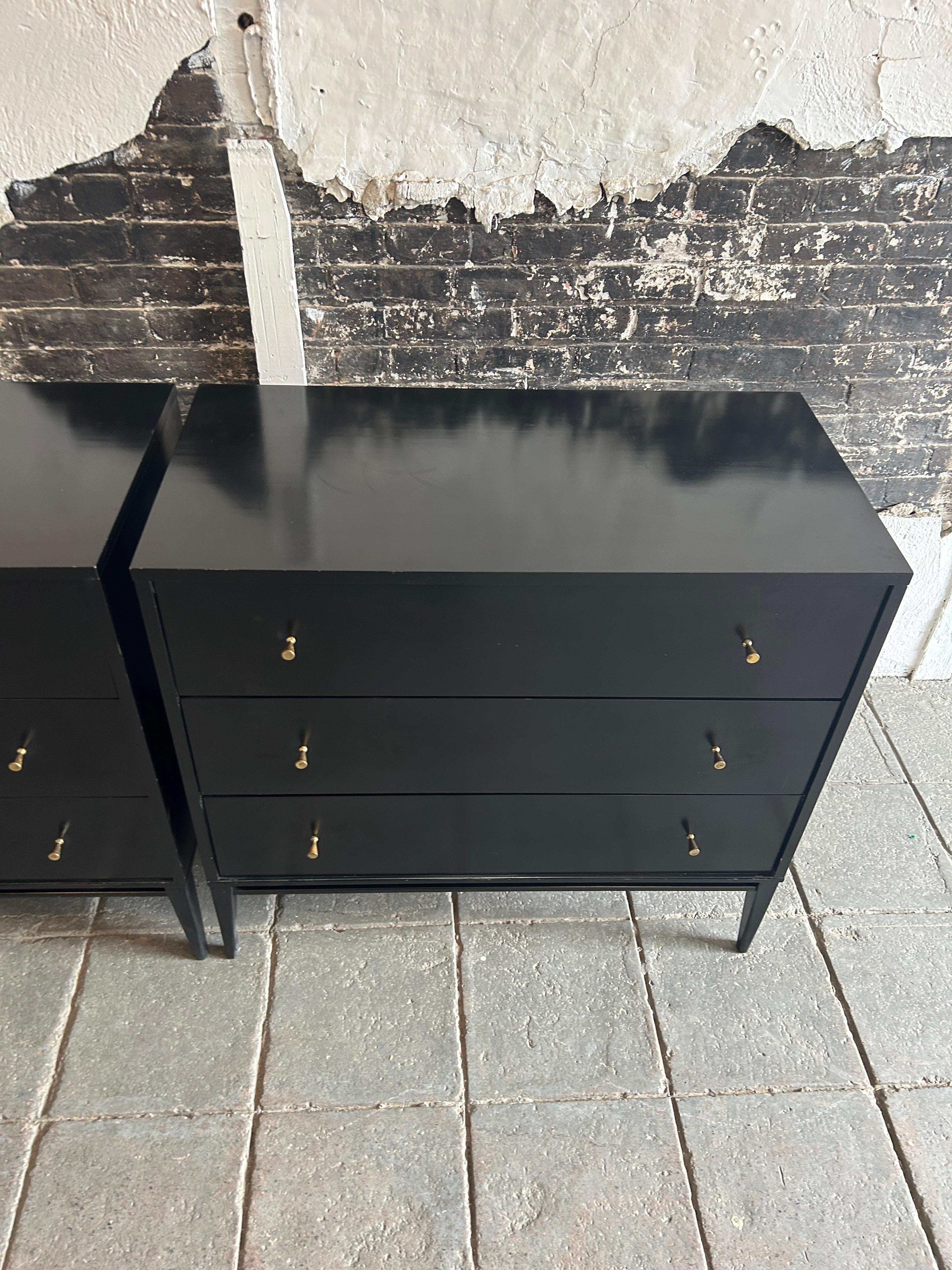Mid-Century Modern Pair of Midcentury Paul McCobb 3 Drawer Black Lacquer Dressers Brass Knobs For Sale