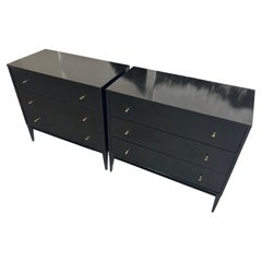 Pair of Midcentury Paul McCobb 3 Drawer Black Lacquer Dressers Brass Knobs