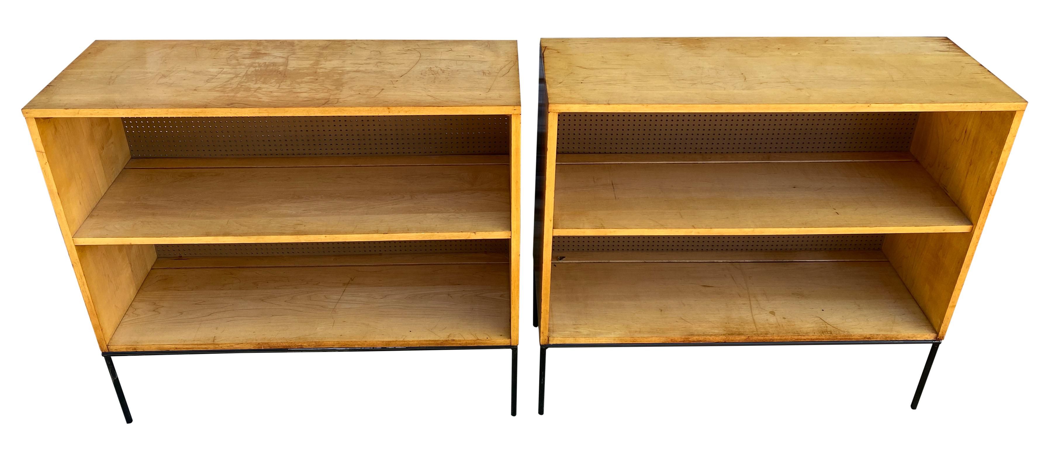 (2) Vintage midcentury Paul McCobb single bookcases #1516 Blonde maple over maple with iron base with Perforated backs. Beautiful bookcase set by Paul McCobb, circa 1950s Planner Group, single center fixed shelf, solid maple with Raw Blonde finish