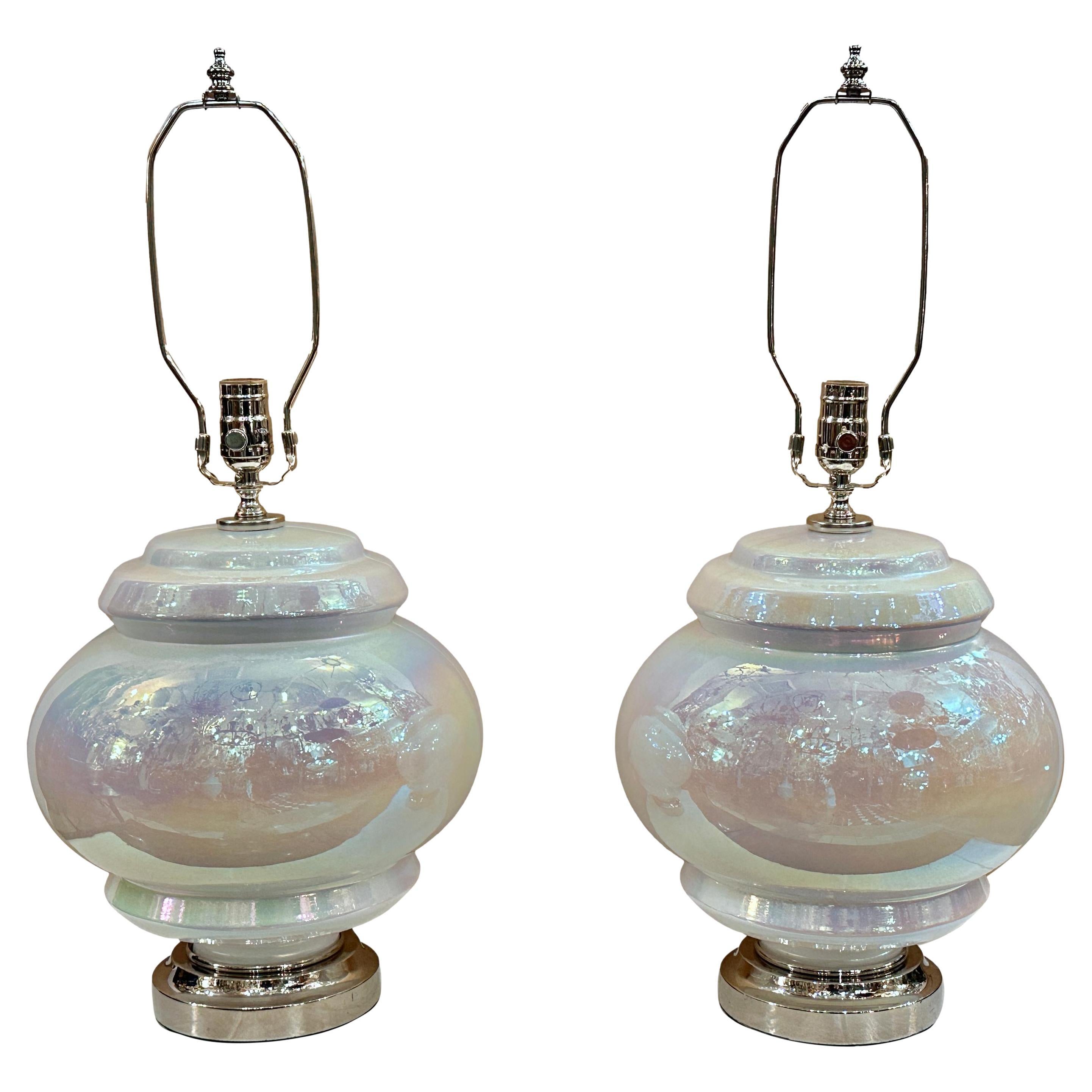 Pair of Midcentury Pearlescent Glass Lamps For Sale