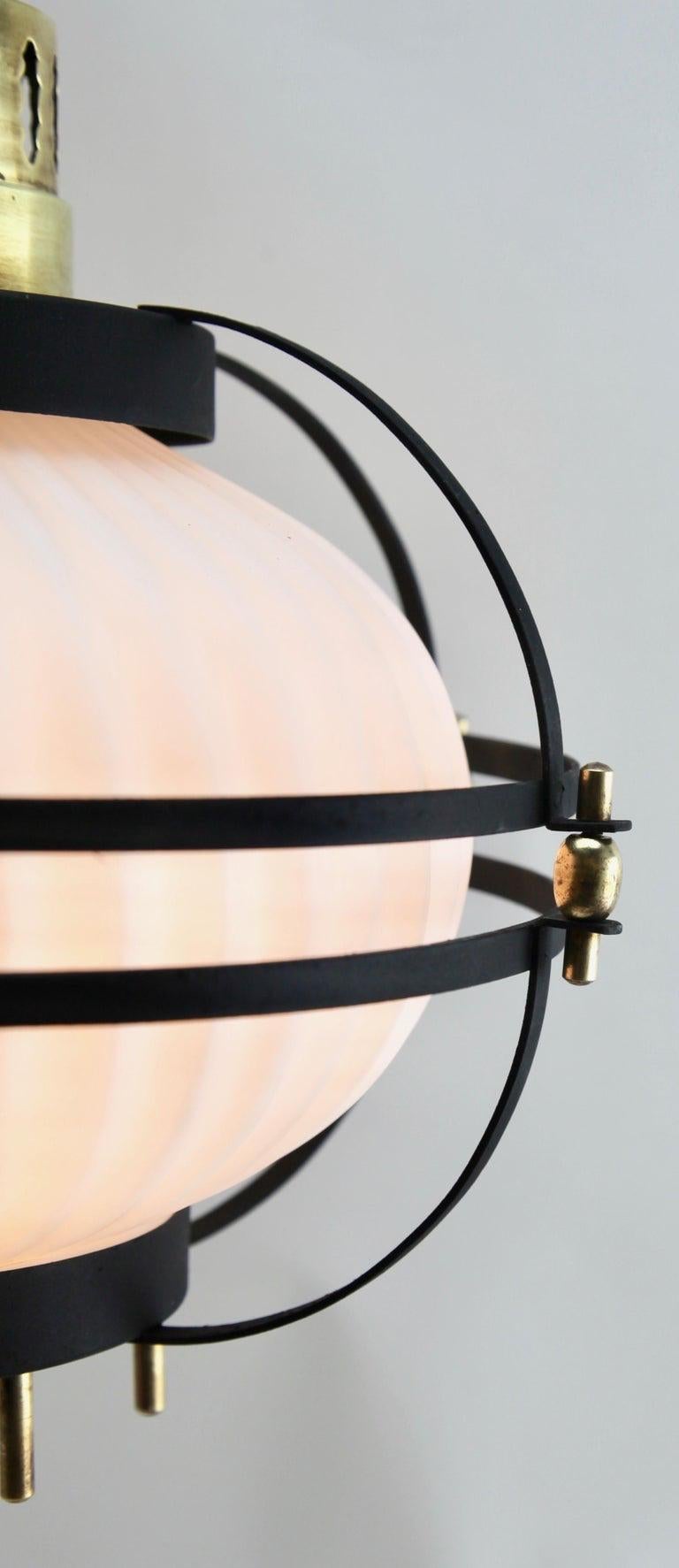 Belgian Pair of Midcentury Pendant Lobby Light Forget Metal and Opaline Lampshade For Sale