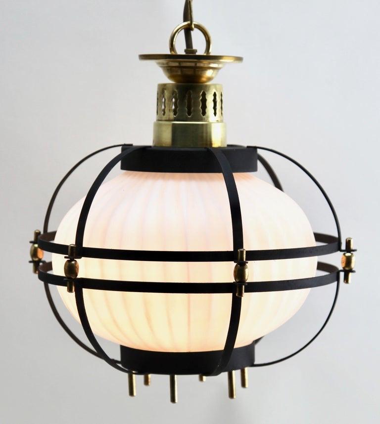 Pair of Midcentury Pendant Lobby Light Forget Metal and Opaline Lampshade In Good Condition For Sale In Verviers, BE