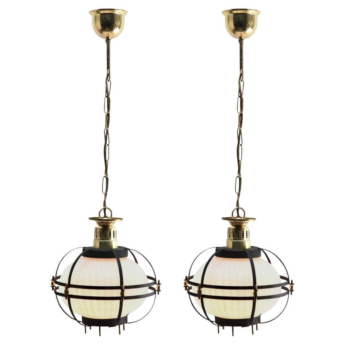 Pair of Midcentury Pendant Lobby Light Forget Metal and Opaline Lampshade
