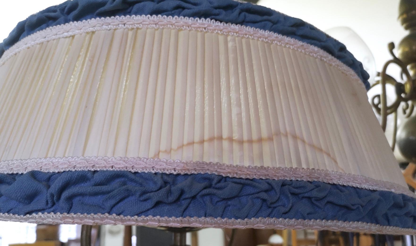 Pair of Midcentury Pendants with Ivory and Blue Fabric Lampshades, Italy 5