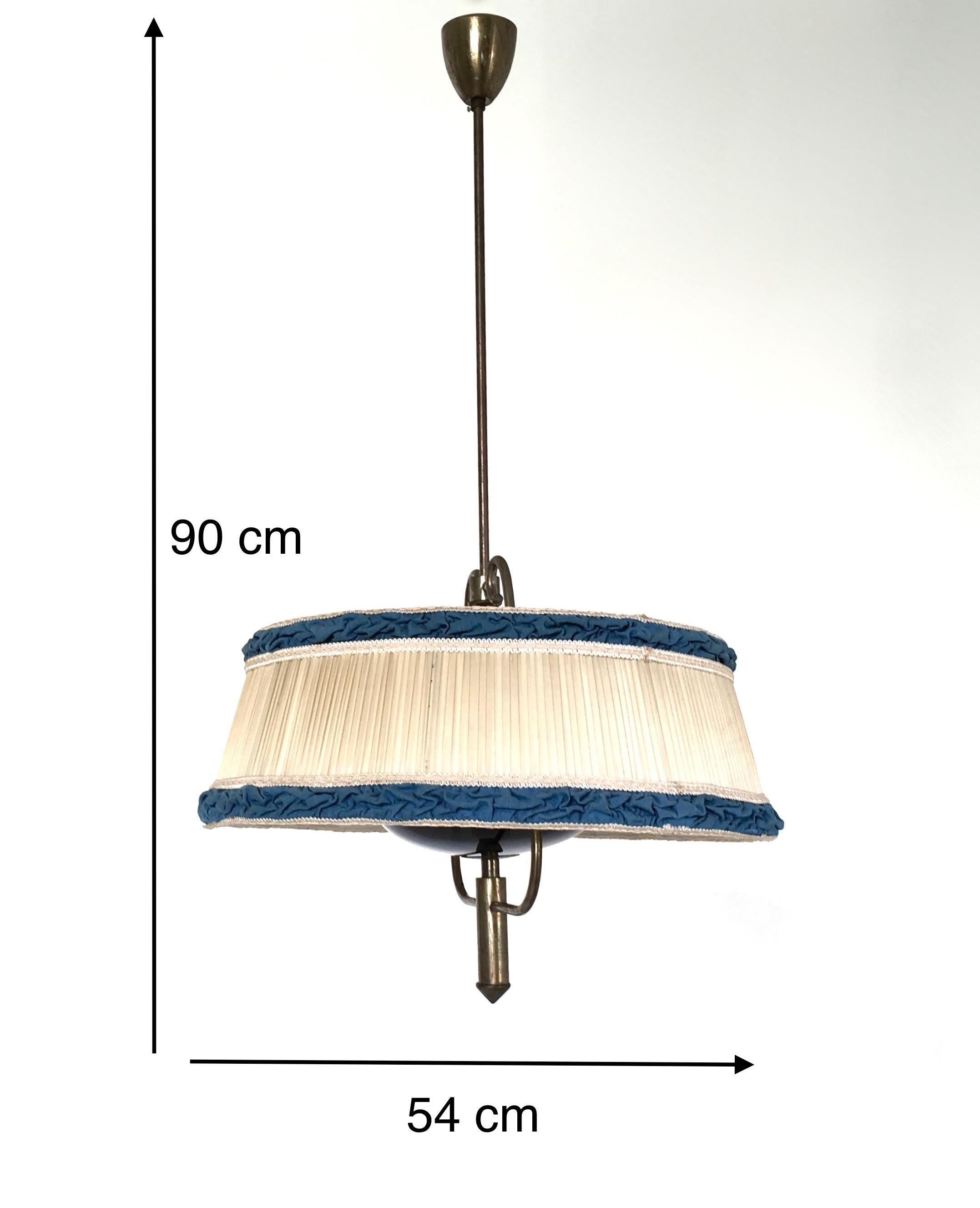 Pair of Midcentury Pendants with Ivory and Blue Fabric Lampshades, Italy 7