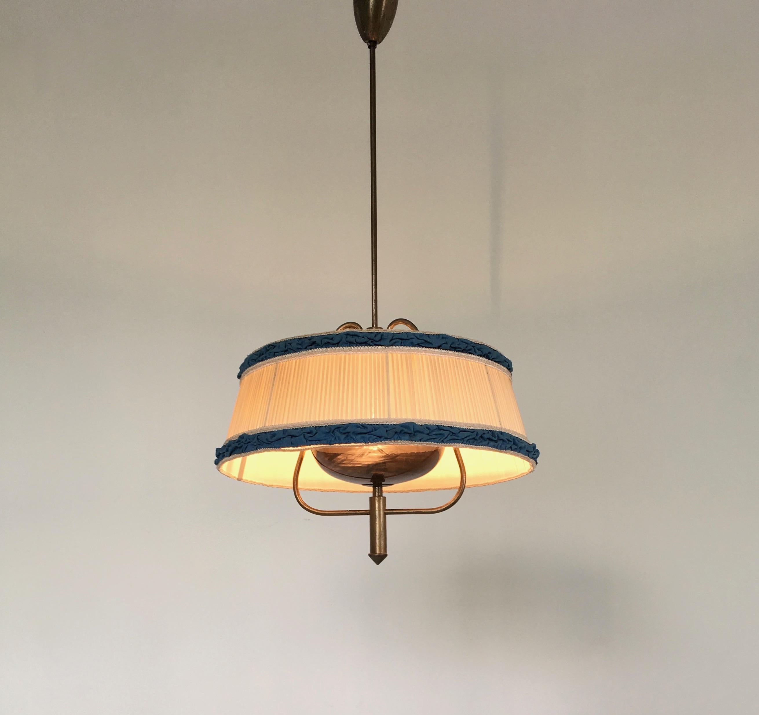 Mid-Century Modern Pair of Midcentury Pendants with Ivory and Blue Fabric Lampshades, Italy