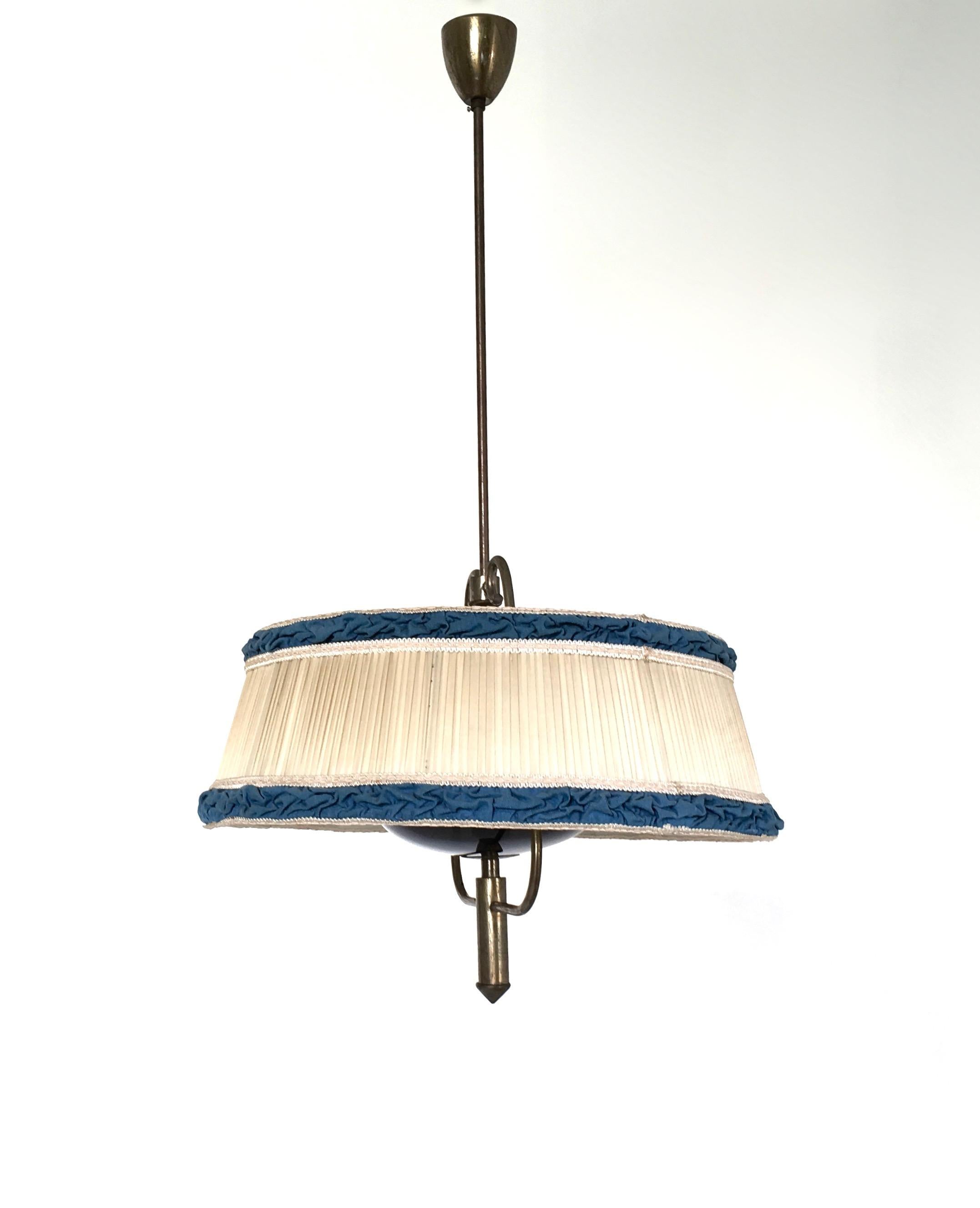 Italian Pair of Midcentury Pendants with Ivory and Blue Fabric Lampshades, Italy