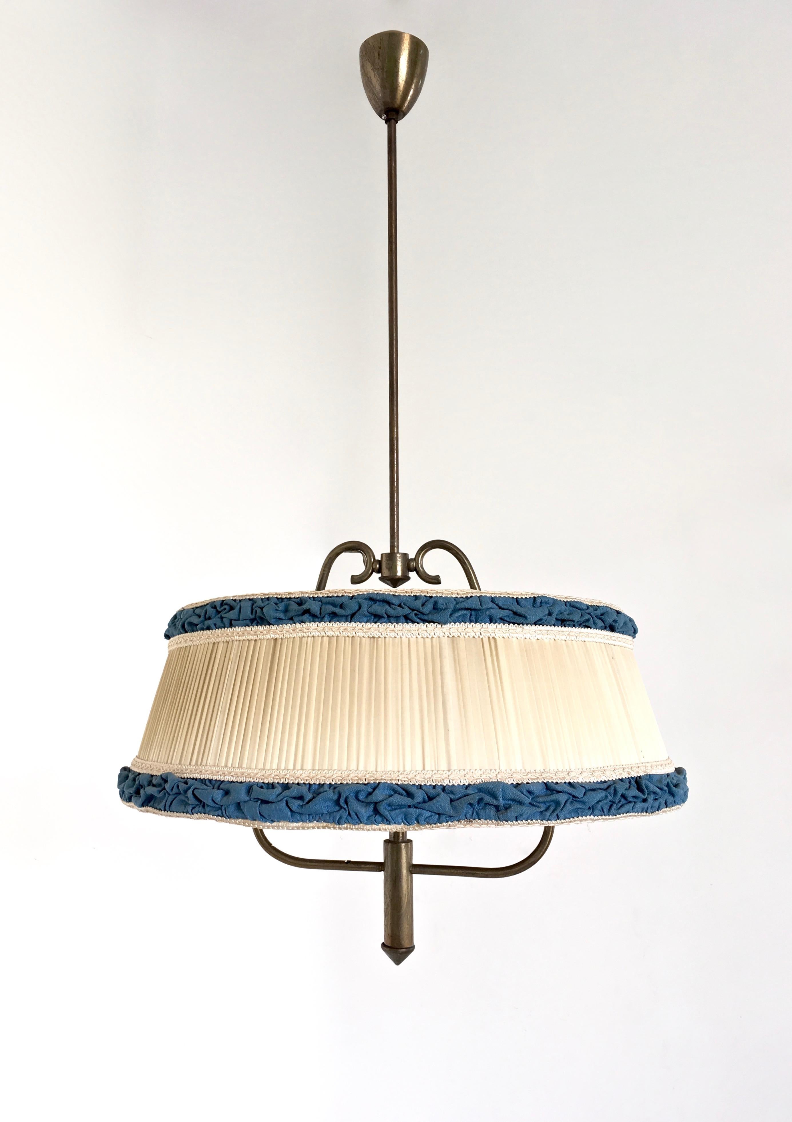 Mid-20th Century Pair of Midcentury Pendants with Ivory and Blue Fabric Lampshades, Italy