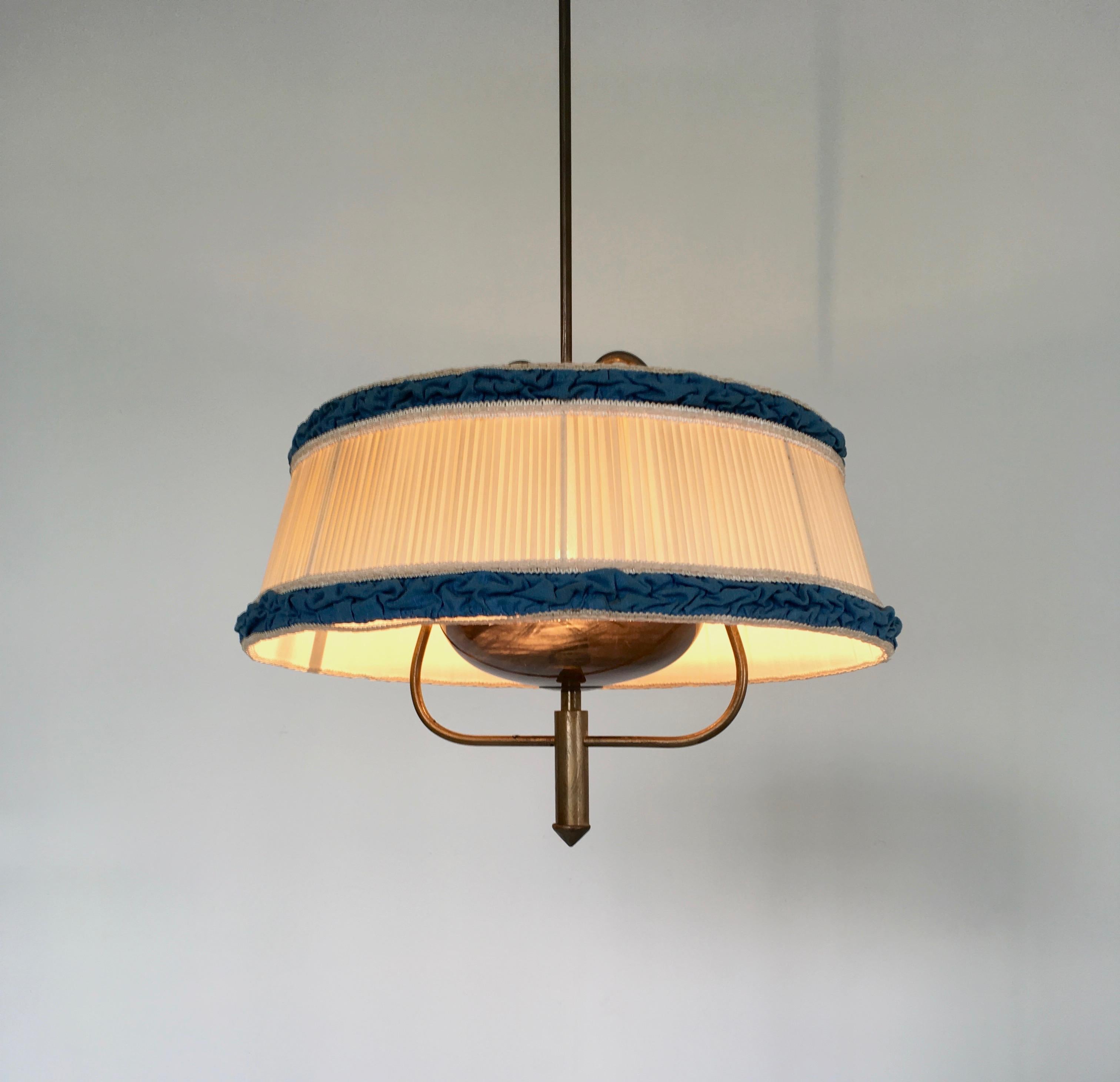 Brass Pair of Midcentury Pendants with Ivory and Blue Fabric Lampshades, Italy