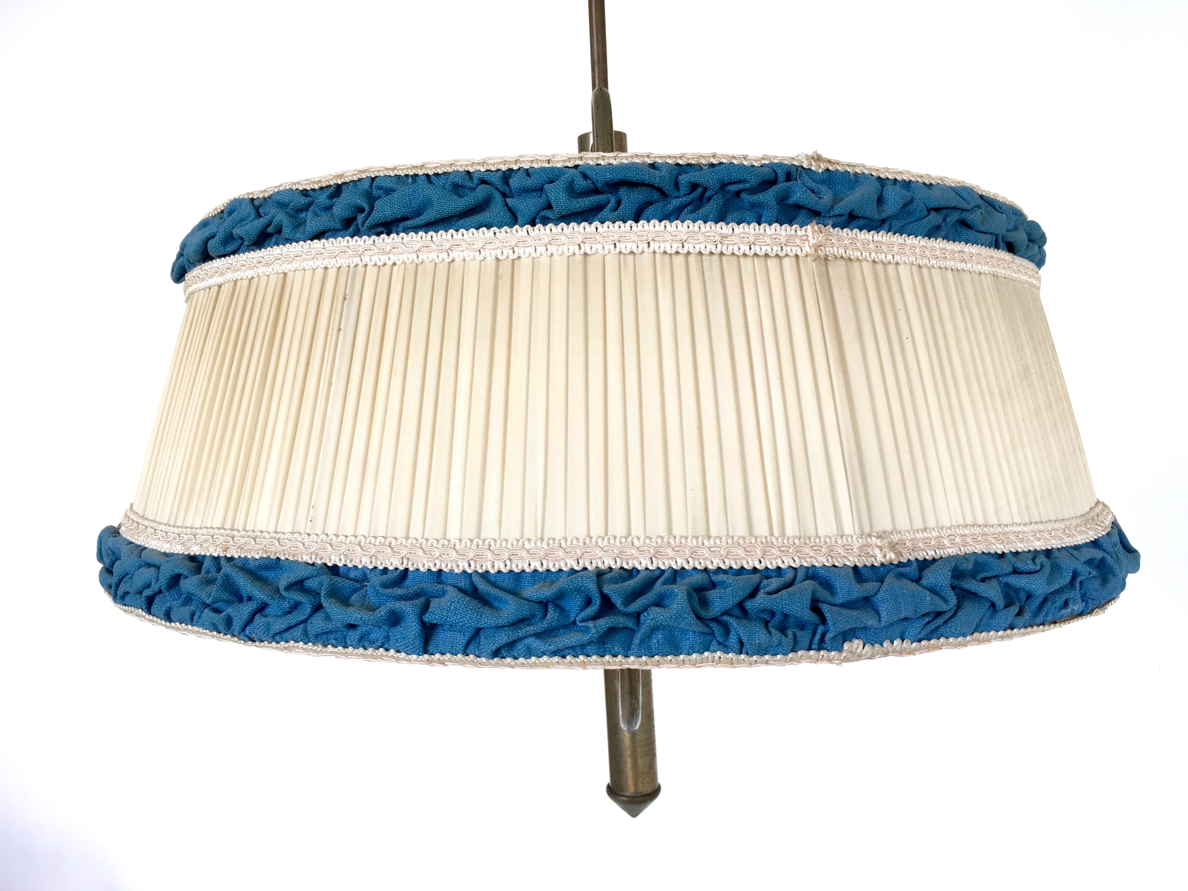 Pair of Midcentury Pendants with Ivory and Blue Fabric Lampshades, Italy 1